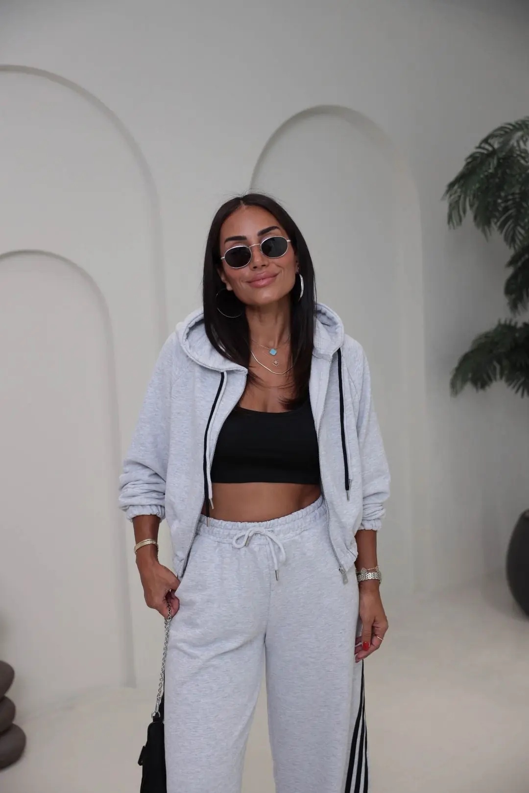 4285 Şerit Detaylı Fermuarlı Sweat Pantolon Takım GRİ MELANJ