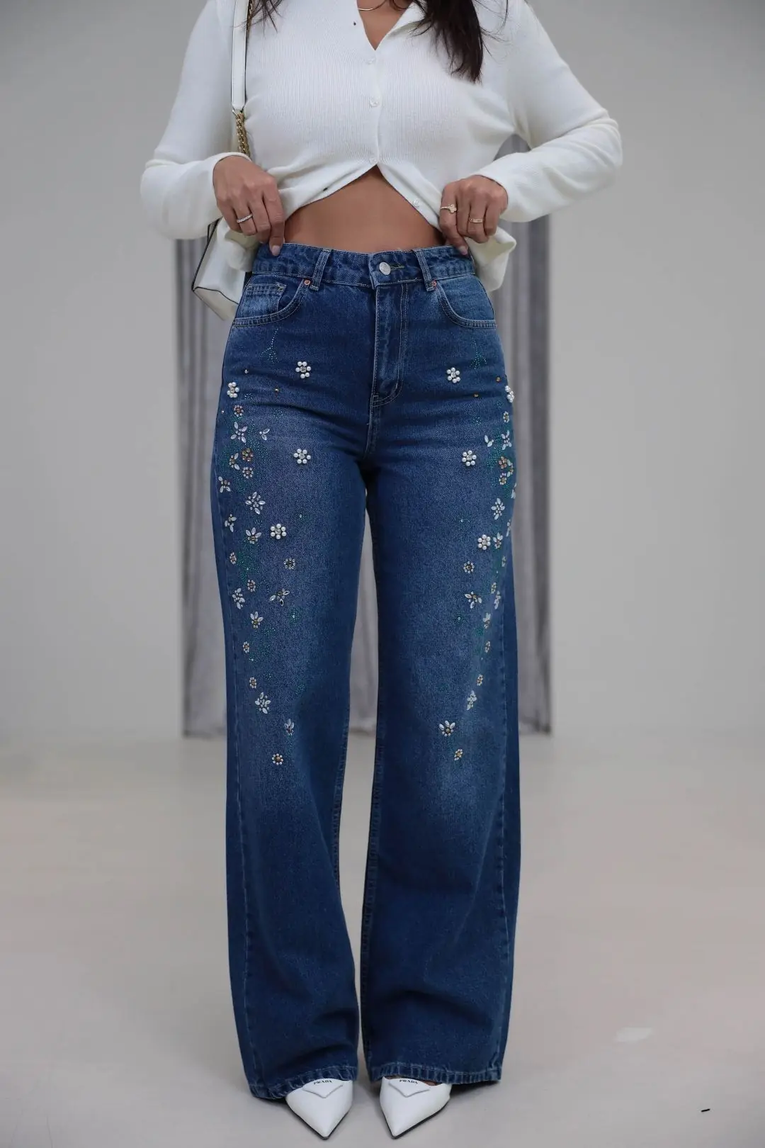 1071 Çiçek Motifli Renkli Taş İşlemeli Denim Pantolon KOYU MAVİ