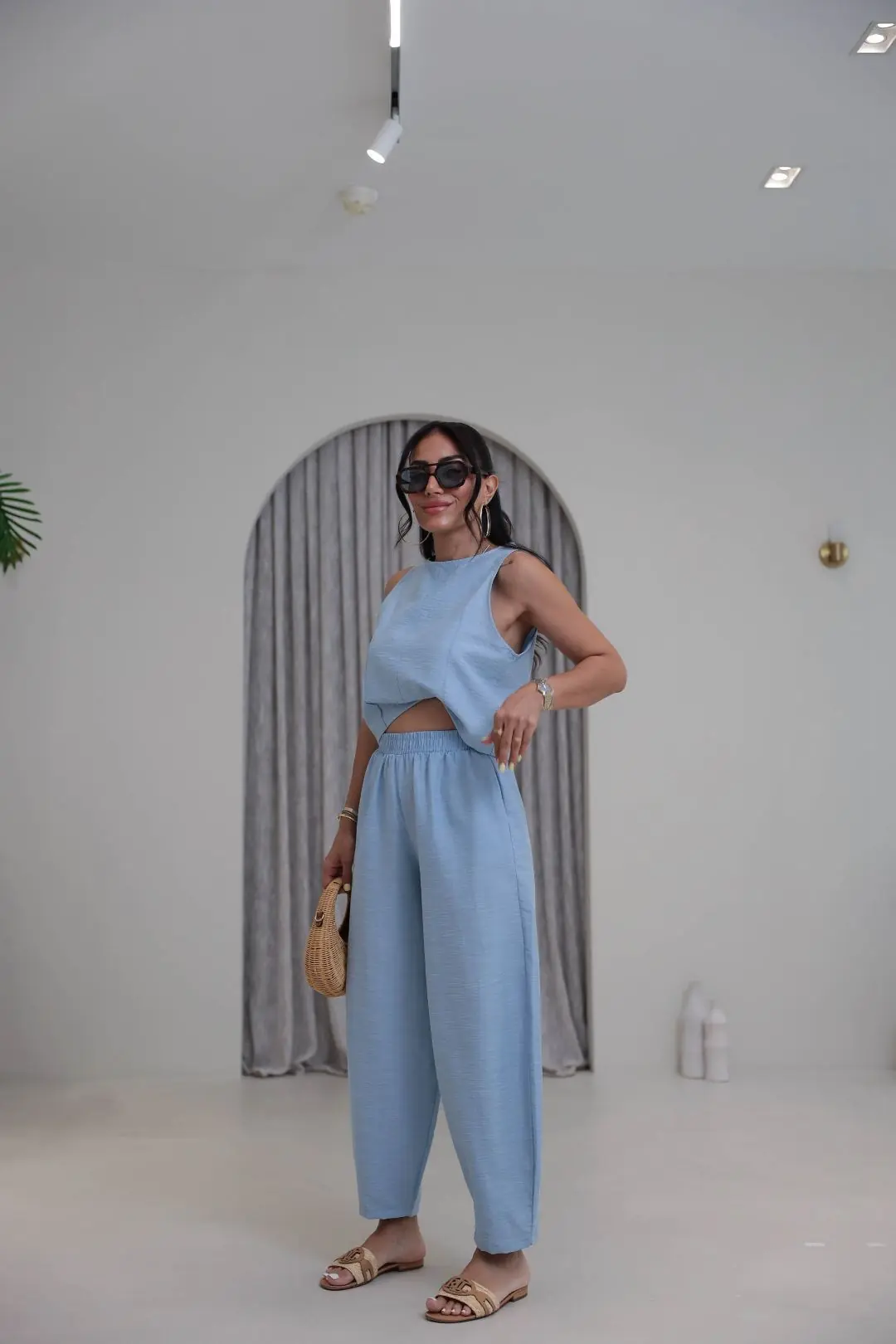 8568 Sıfır Kol Bluz Pantolon Takım BEBE MAVİ