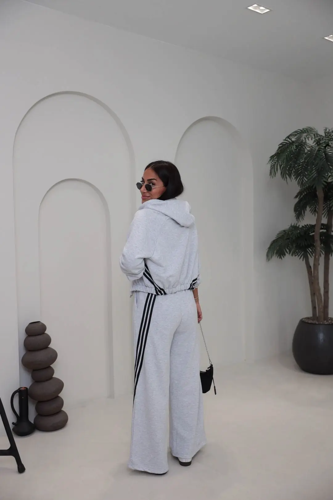 4285 Şerit Detaylı Fermuarlı Sweat Pantolon Takım GRİ MELANJ