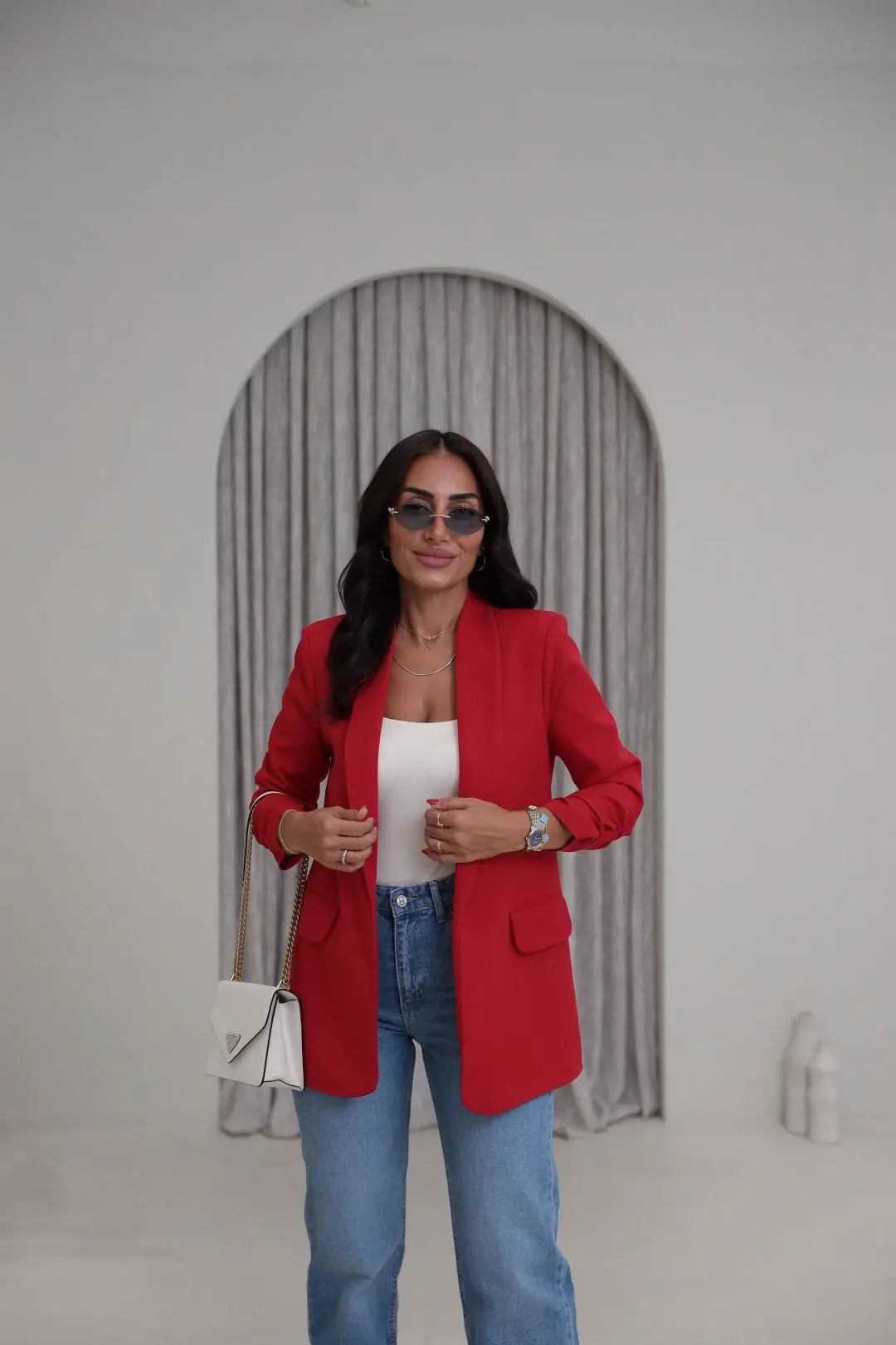 3101Y Vatkalı Kolları Büzgülü Blazer Ceket KIRMIZI