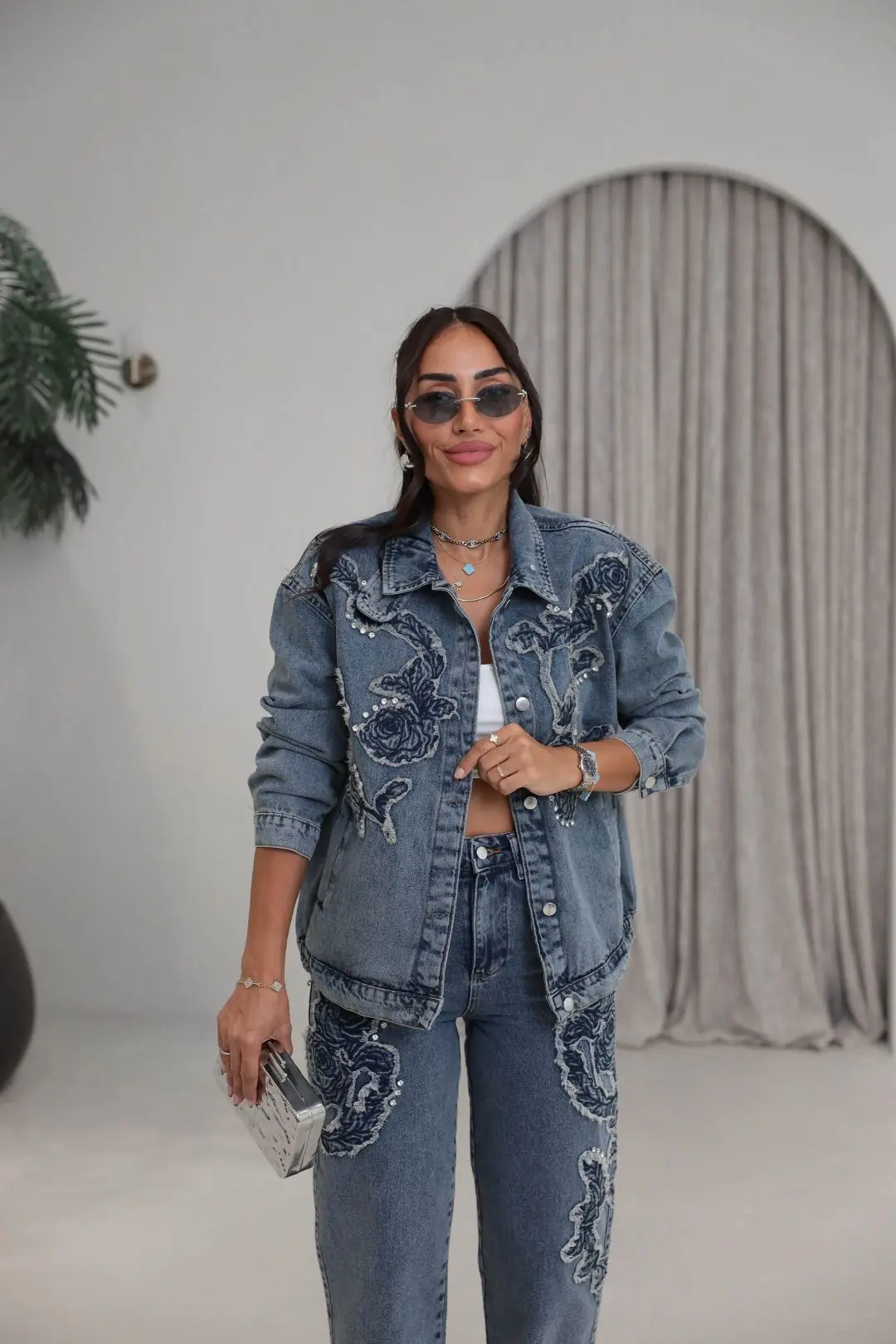 7502 Rose Aplikeli Taşlı Denim Ceket Pantolon Takım TİNTLİ MAVİ
