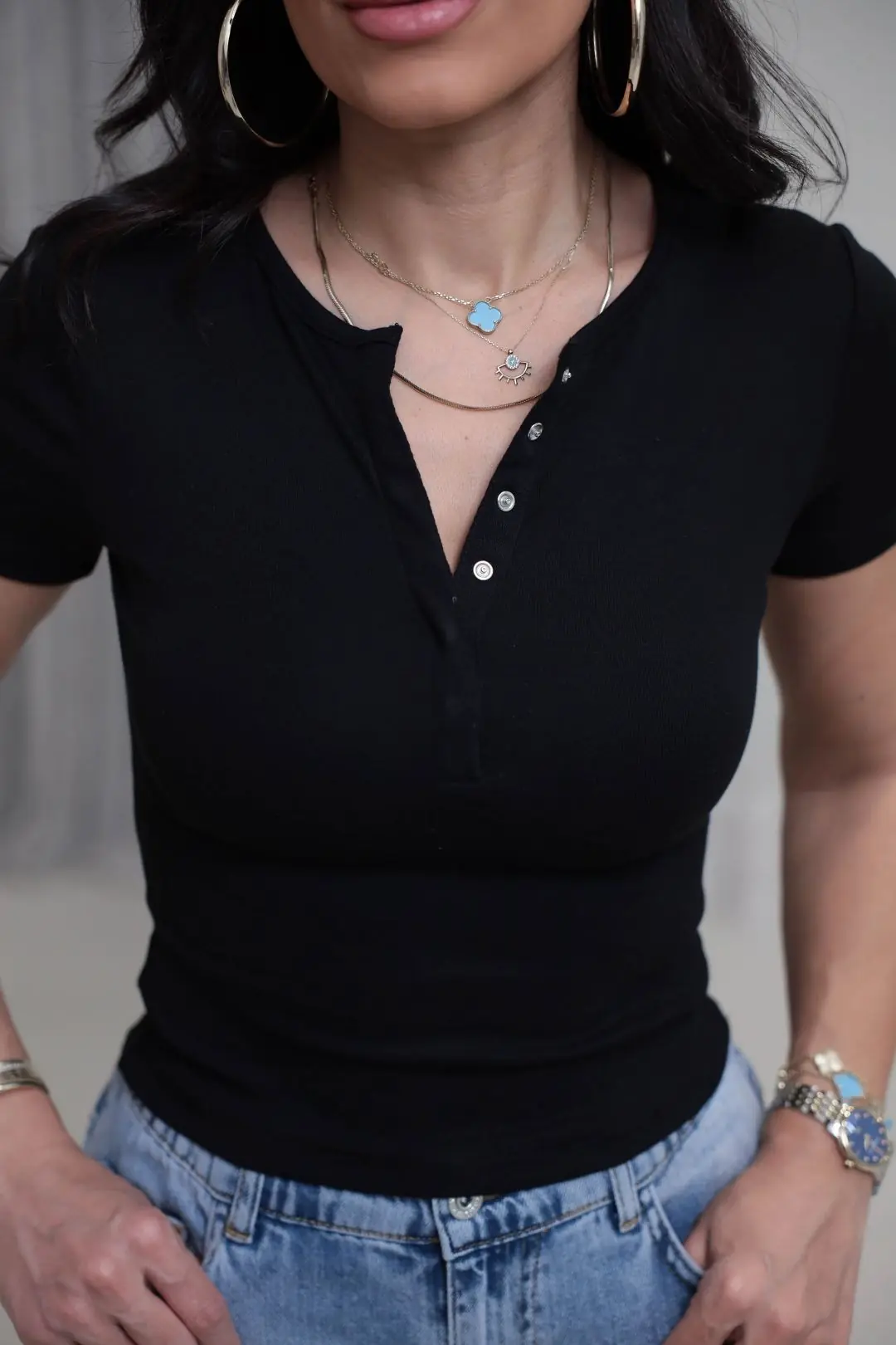 1704 Çıtçıt Düğmeli Kısa Kol Modal Tshirt SİYAH