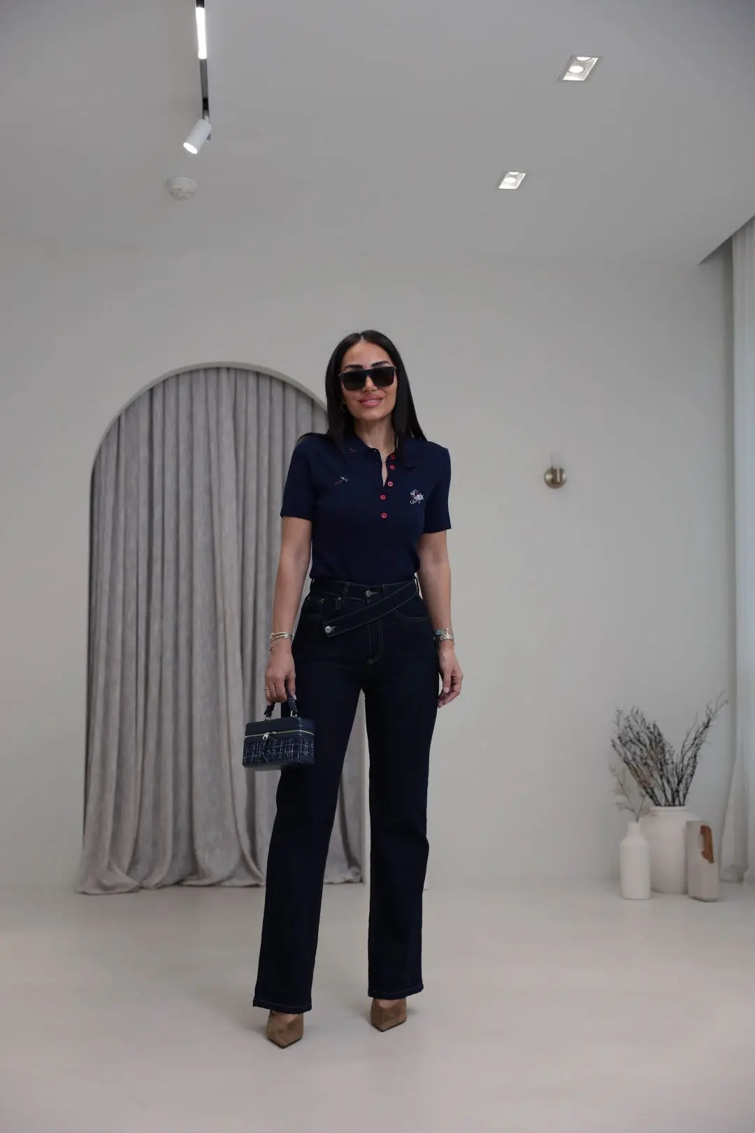 1035 Asimetrik Kemerli Denim Pantolon LACİVERT