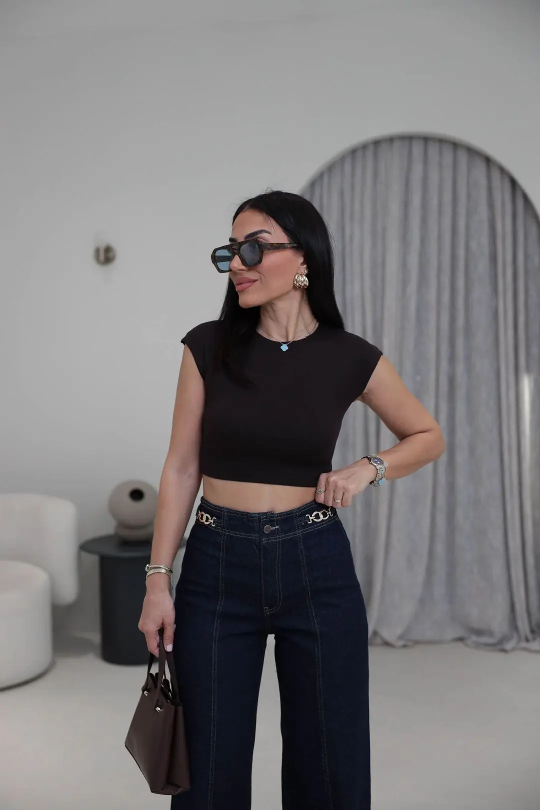 0528 Pamuk ve Modal Karışımlı Crop Top KAHVE