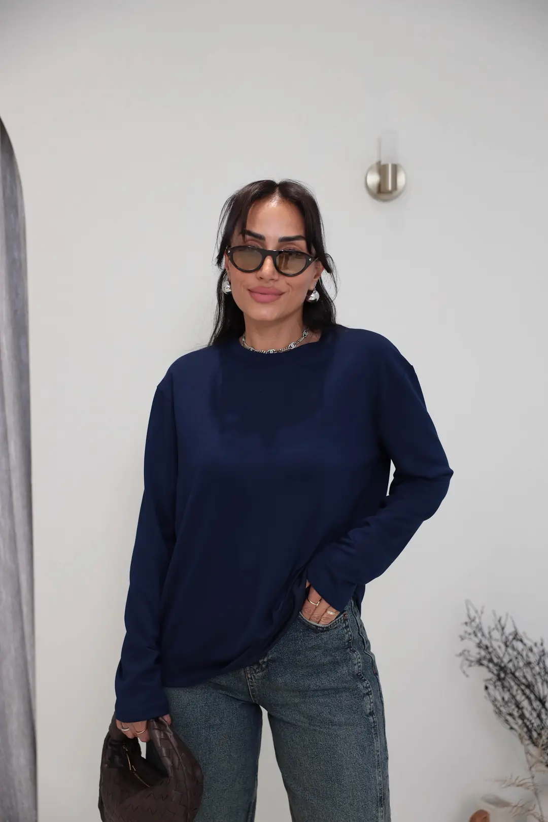 1448 Bisiklet Yaka uzun Kollu Oversize Tshirt LACİVERT