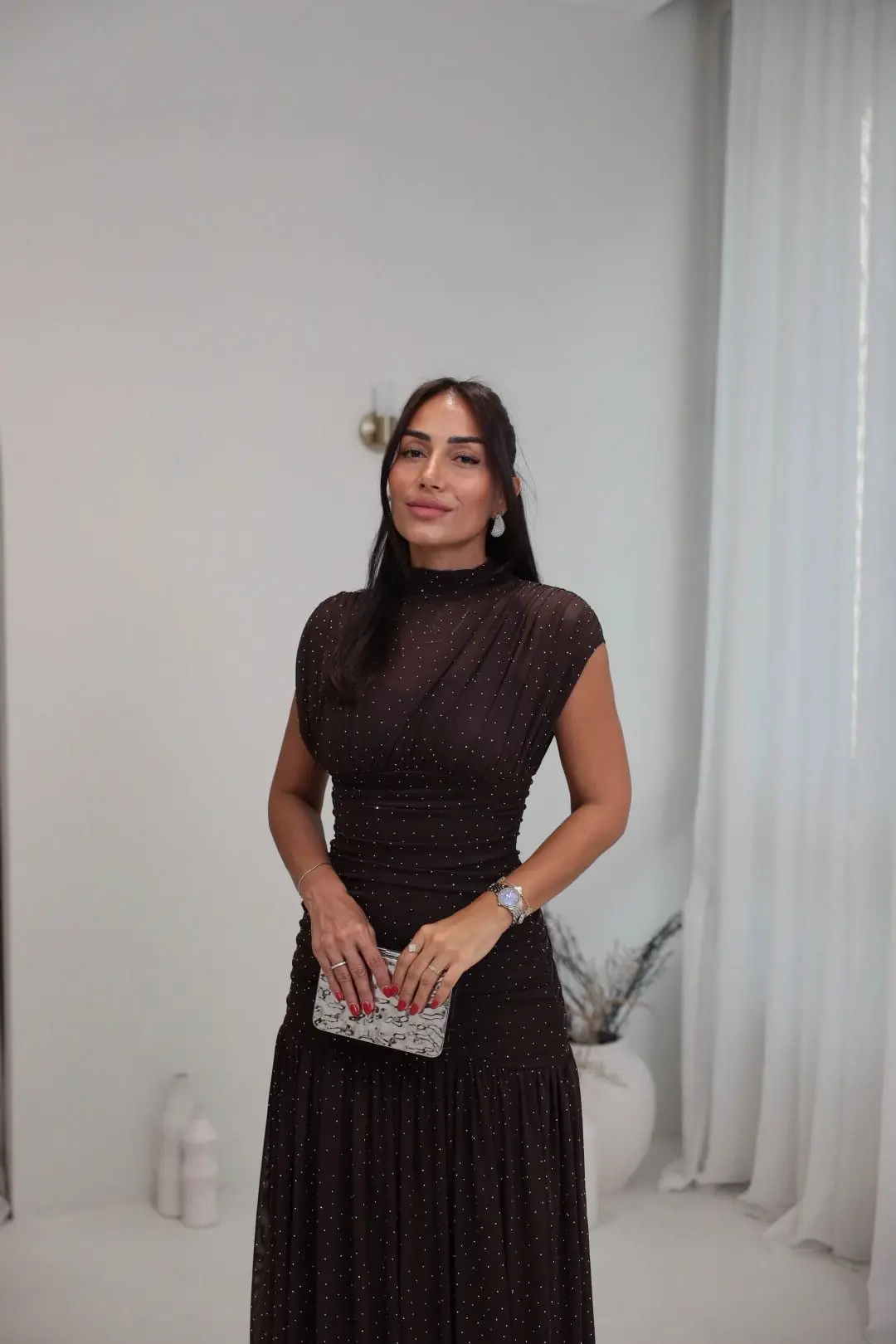 4054 Beli Drapeli Taşlı Tül Elbise KAHVE