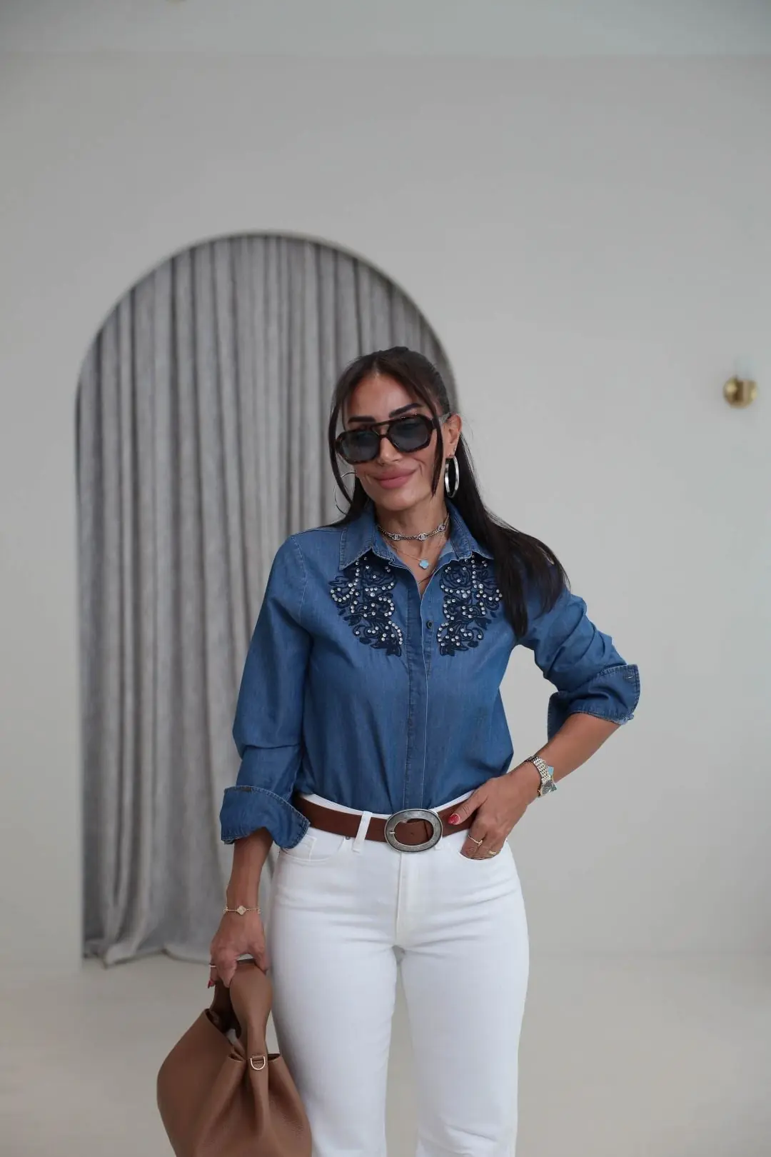 9048 Nakış İşlemeli Kot Gömlek LACİVERT
