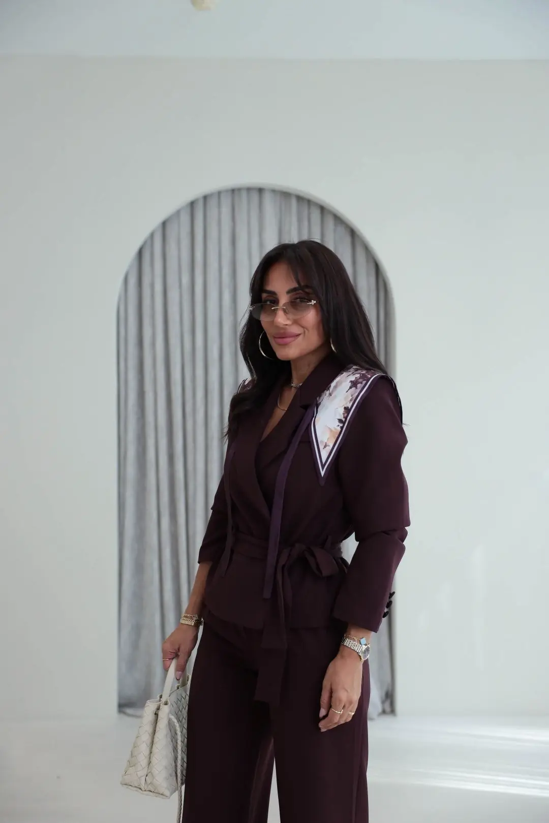 9319 Şal Detaylı Kuşaklı Ceket Pantolon MÜRDÜM