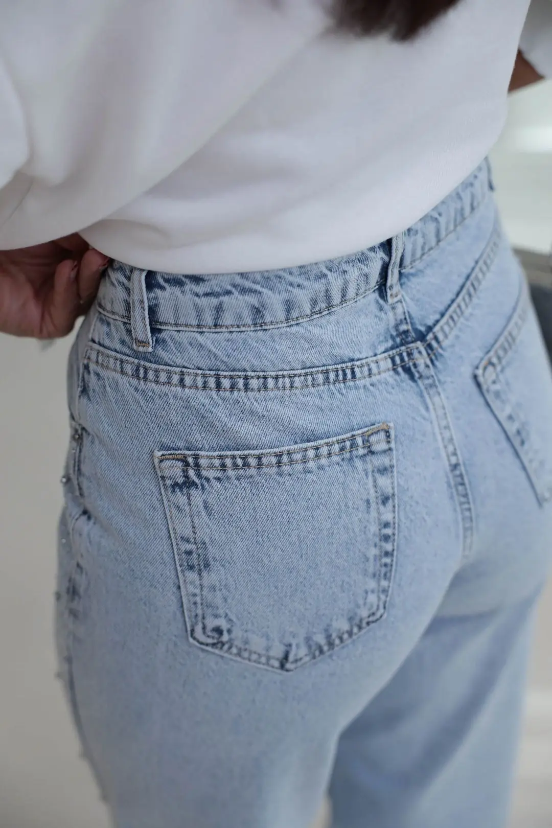 1071 Serpme Taş Detaylı Yüksek Bel Denim Pantolon BUZ MAVİ