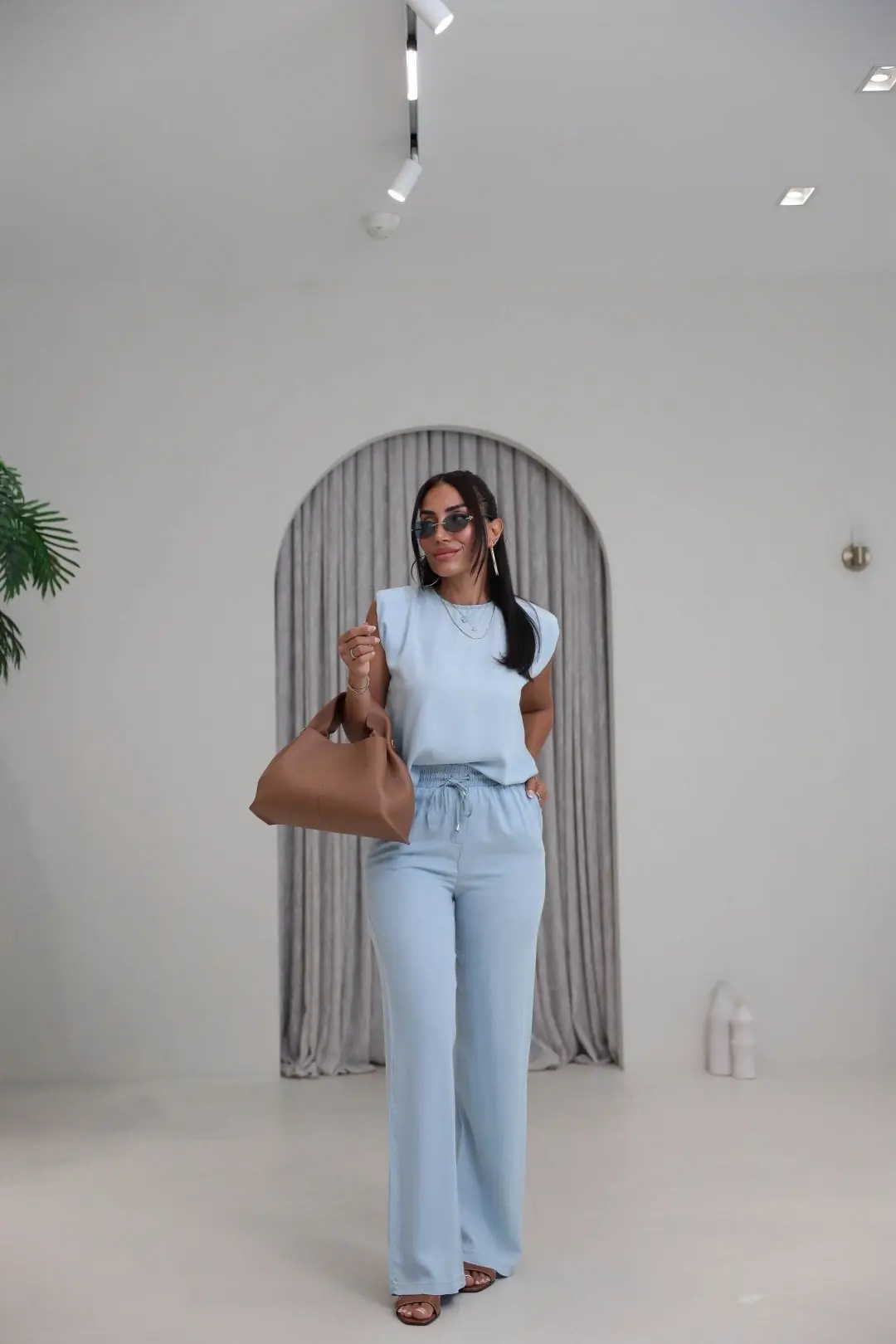 7358 Vatkalı Sıfır Kol Denim Tencel Kumaş Takım BUZ MAVİ