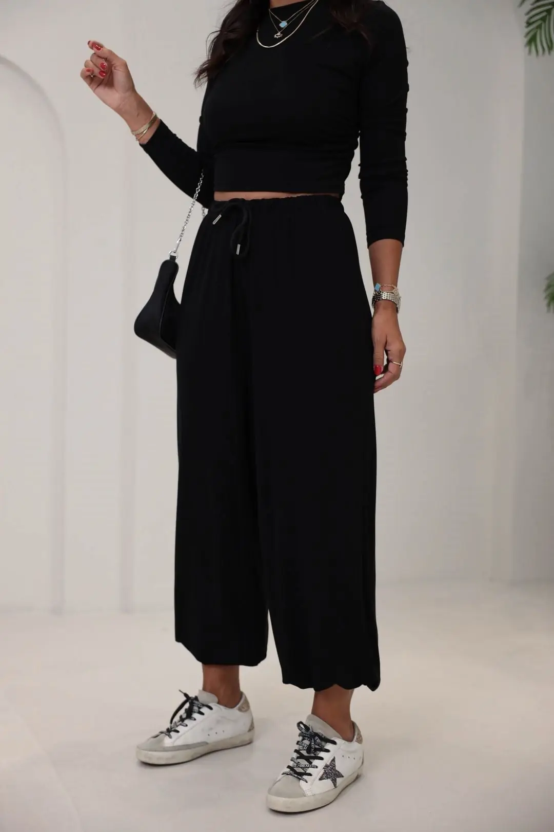 4289 Modal Drape Detaylı Şalvar Kesimli Bluz Pantolon Takım SİYAH