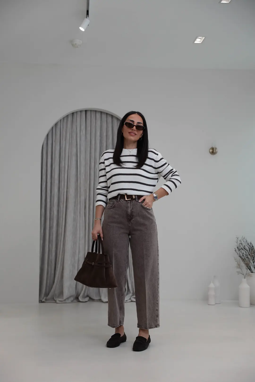 3010 Süet Kemerli Mom Jean YIKAMALI KAHVE