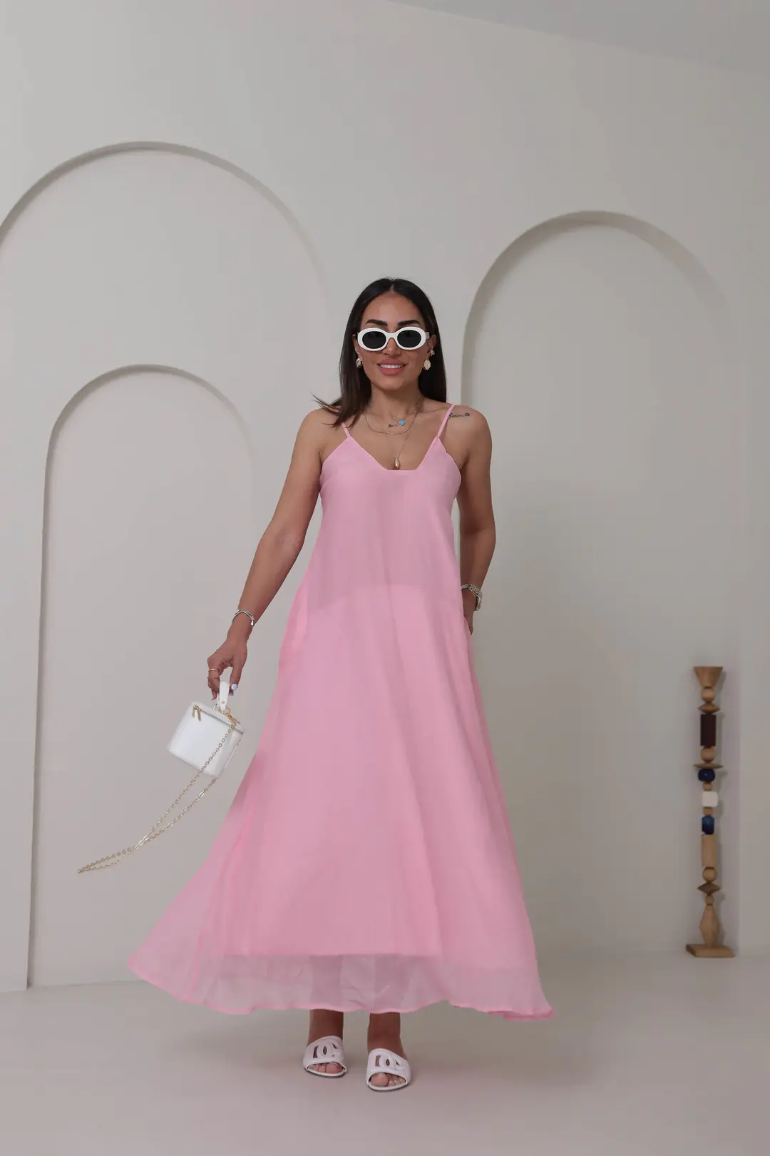 3227 Askılı Kare Yaka Maxi Tencel Elbise PEMBE