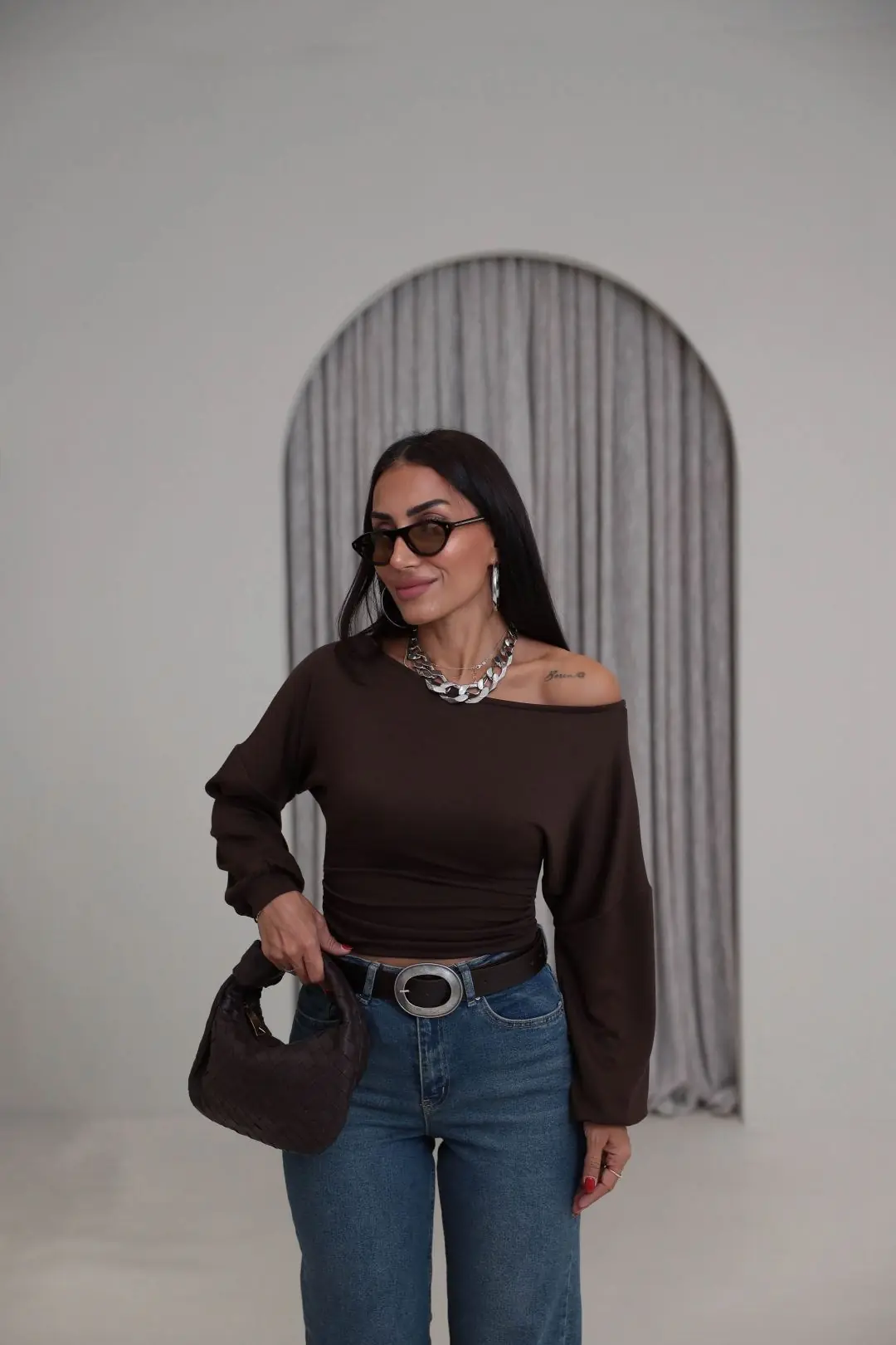 5453 Modal Kumaş Kayık Yaka Bluz KAHVE