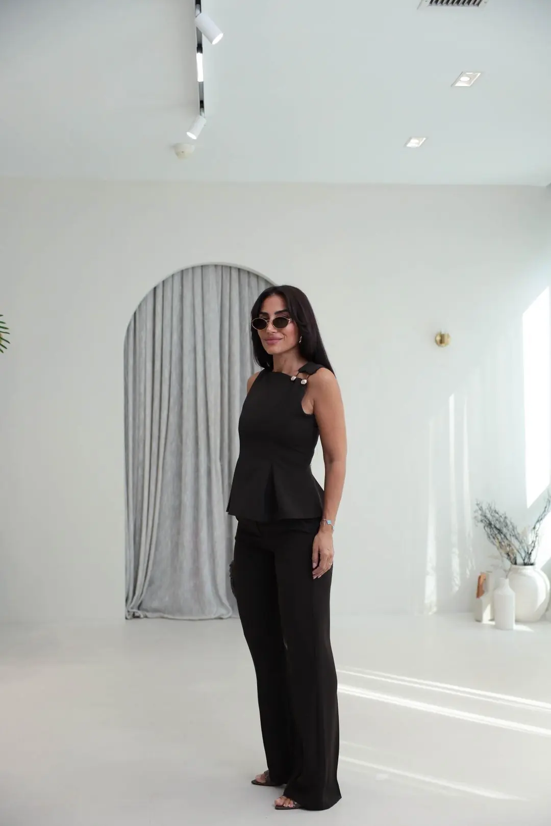 9215 Omuz Düğme Detaylı Bluz & Pantolon Takım KOYU KAHVE
