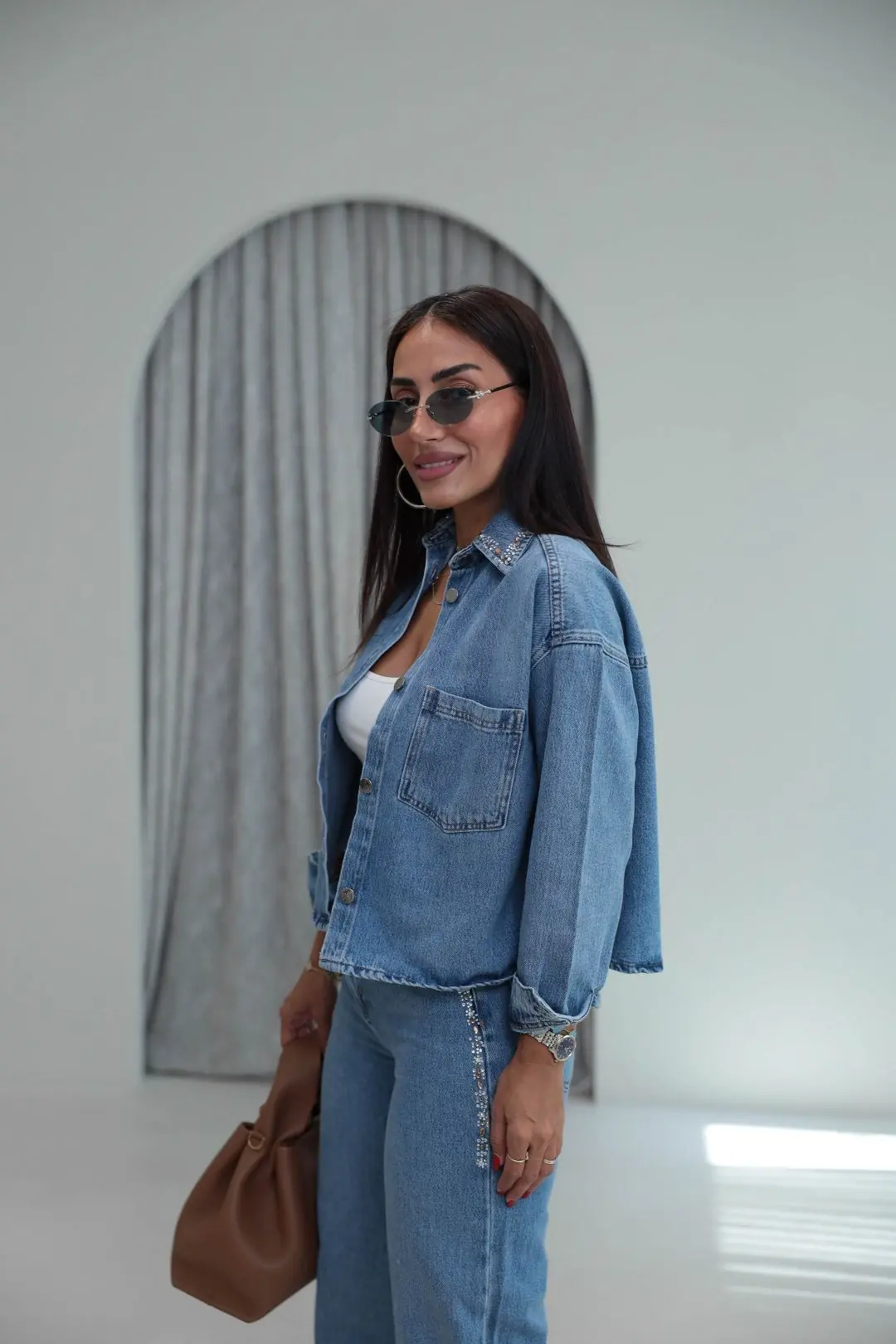 8405 Gömlek ve Pantolonu Taşlı Denim Takım MAVİ