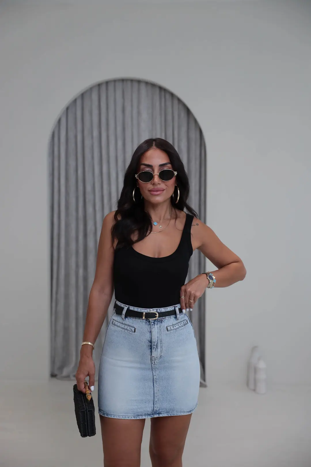 202 Ön Cep Detaylı Kemerli Mini Denim Etek BUZ MAVİ
