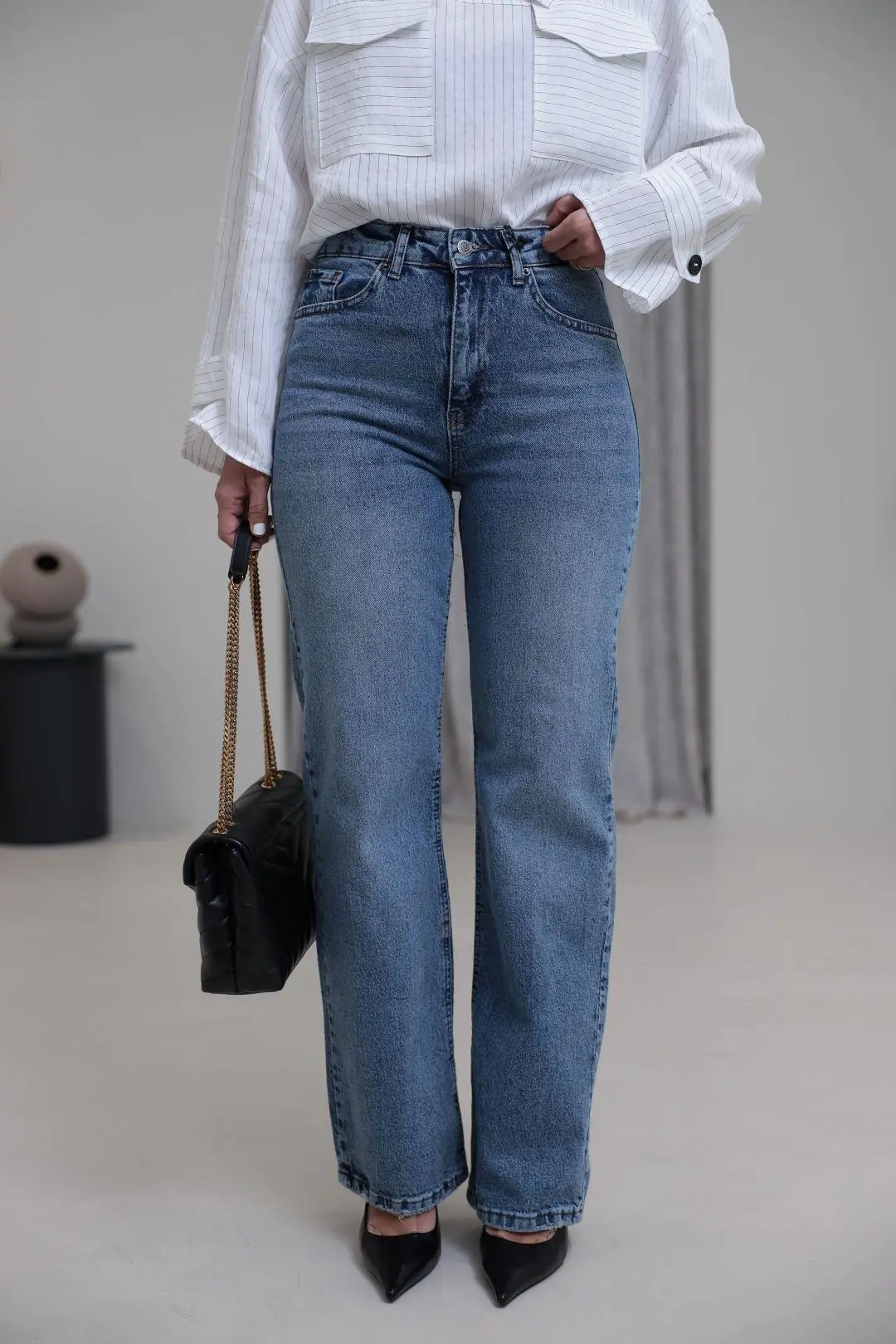 1005 Yüksek Bel Pamuklu Wide Leg Jean ORTA MAVİ