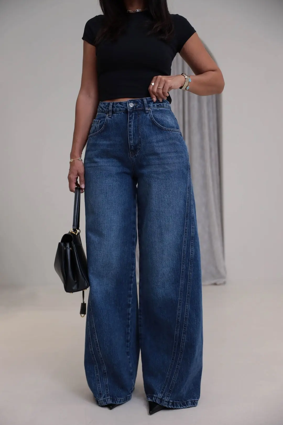 1067 Yanları Dikiş Detaylı Wide Leg Denim Pantolon KOYU MAVİ - KOYU MAVİ