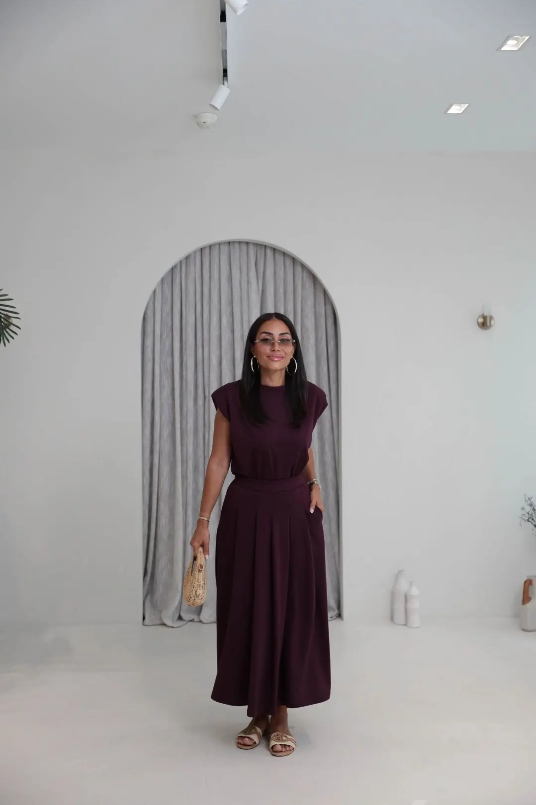 7150 Vatkalı Penye Bluz ve Pileli Etekli Takım MÜRDÜM