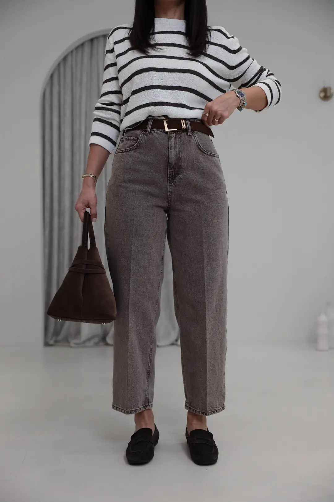 3010 Süet Kemerli Mom Jean YIKAMALI KAHVE