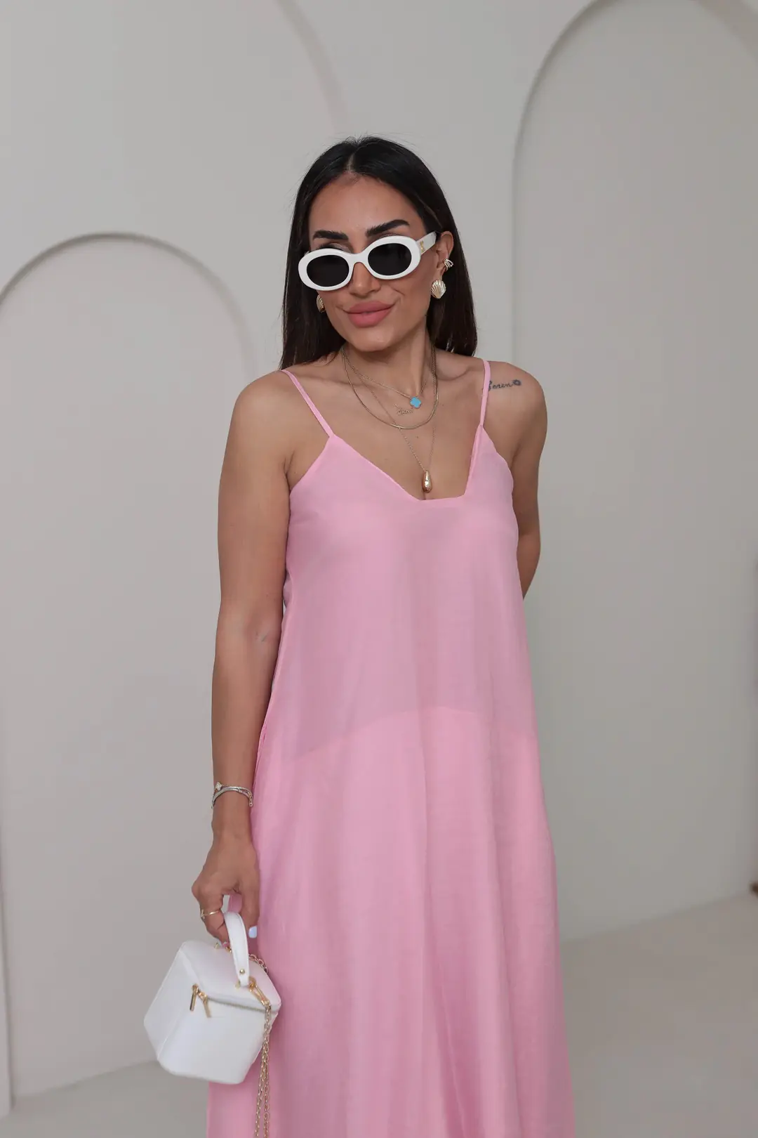 3227 Askılı Kare Yaka Maxi Tencel Elbise PEMBE