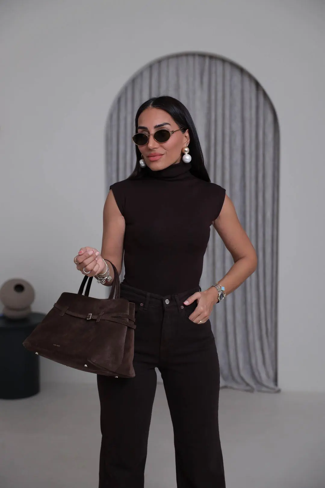 1020 Balıkçı Yaka Sıfır Kol Çıtçıtlı Bodysuit ACI KAHVE