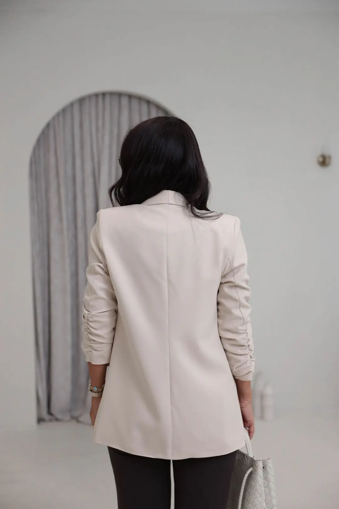 3101Y Vatkalı Kolları Büzgülü Blazer Ceket TAŞ