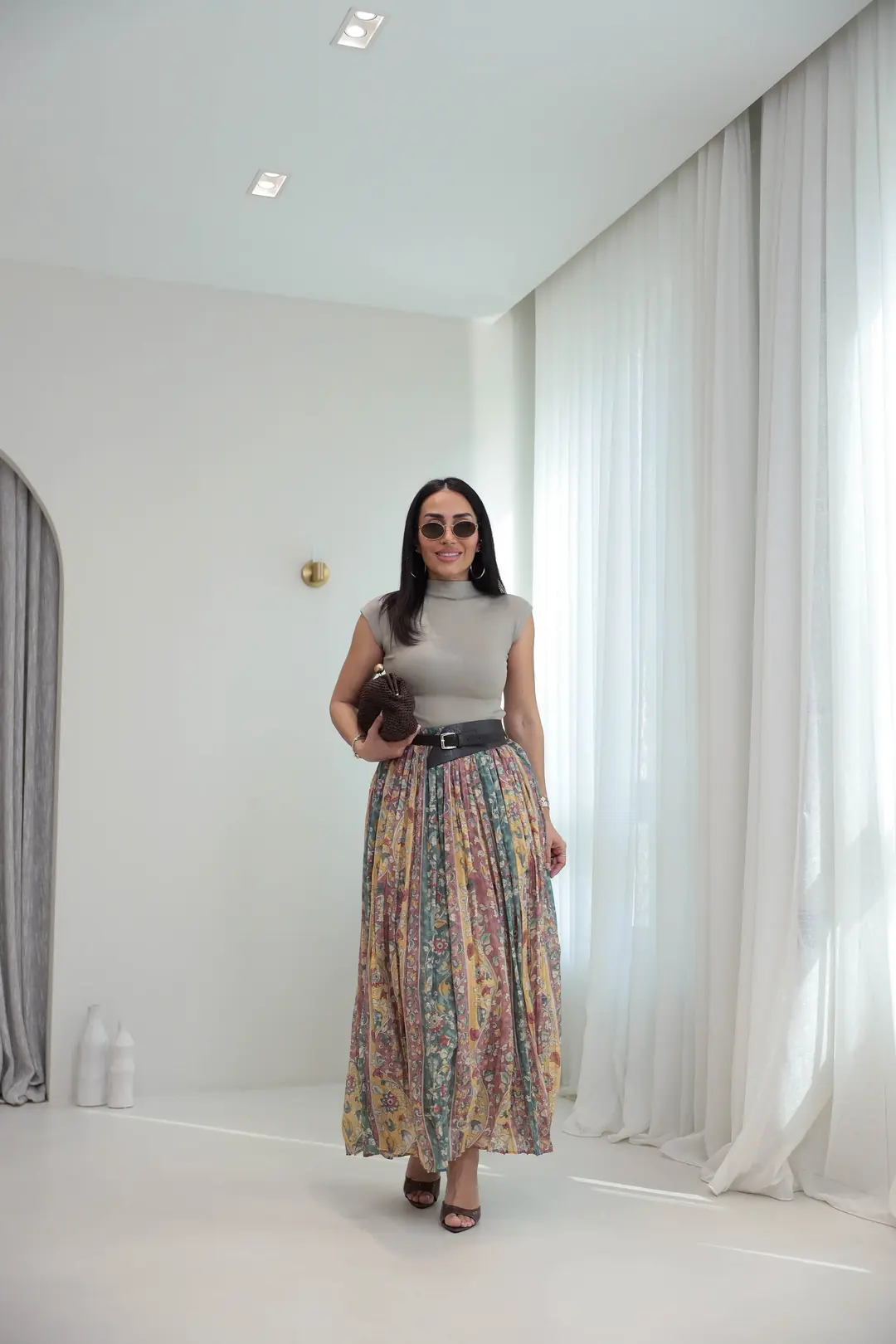 3374 Kemerli Pliseli Desenli Maxi Etek YEŞİL