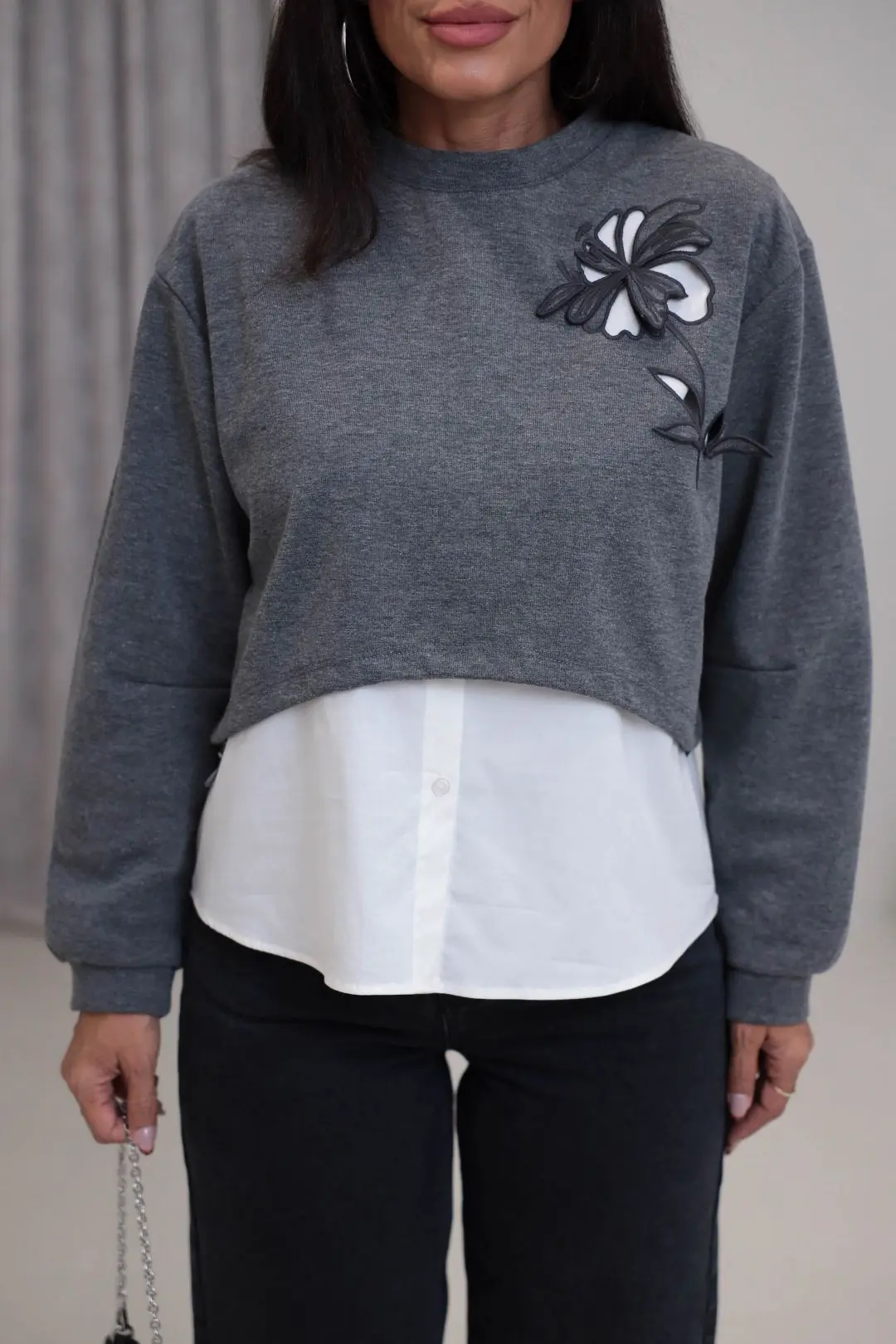 1154 Nakış Gömlek Detaylı Sweatshirt GRİ