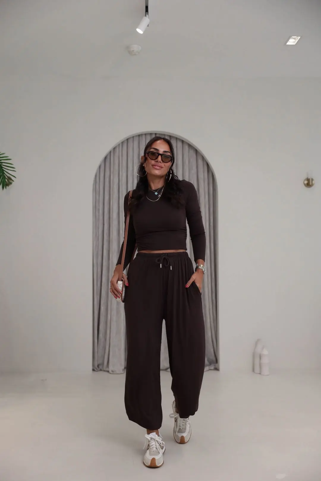 4289 Modal Drape Detaylı Şalvar Kesimli Bluz Pantolon Takım KAHVE