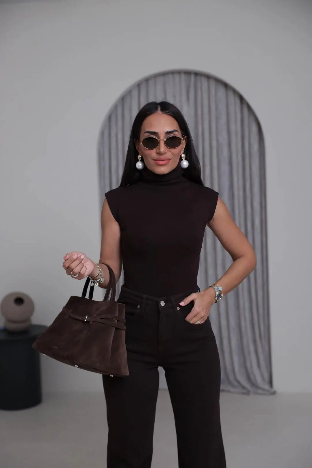 1020 Balıkçı Yaka Sıfır Kol Çıtçıtlı Bodysuit ACI KAHVE