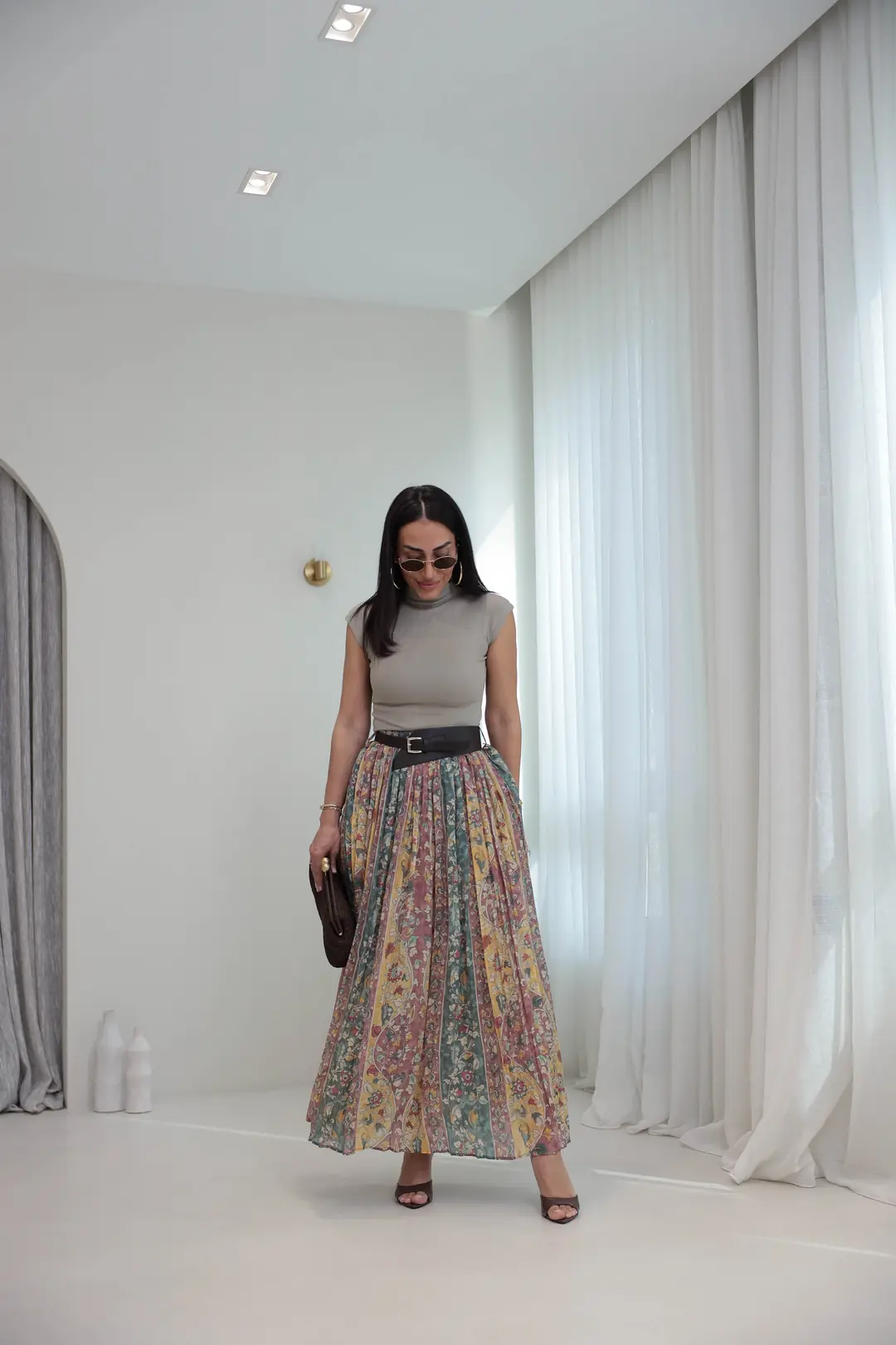 3374 Kemerli Pliseli Desenli Maxi Etek YEŞİL