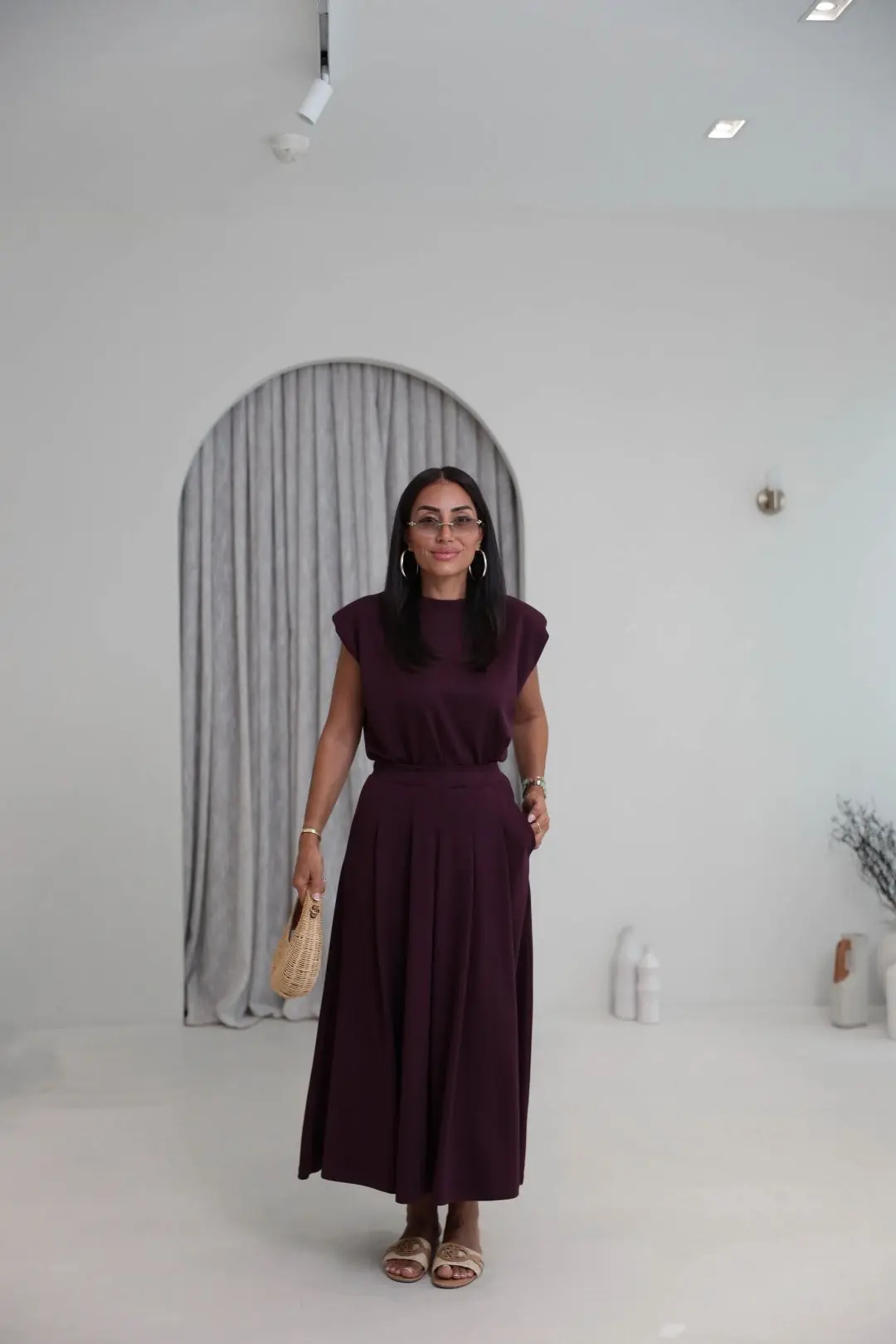 7150 Vatkalı Penye Bluz ve Pileli Etekli Takım MÜRDÜM