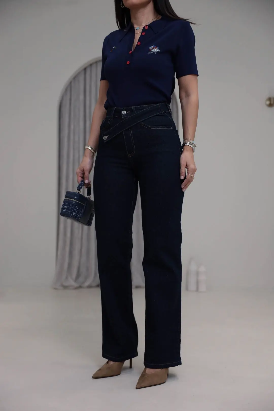 1035 Asimetrik Kemerli Denim Pantolon LACİVERT