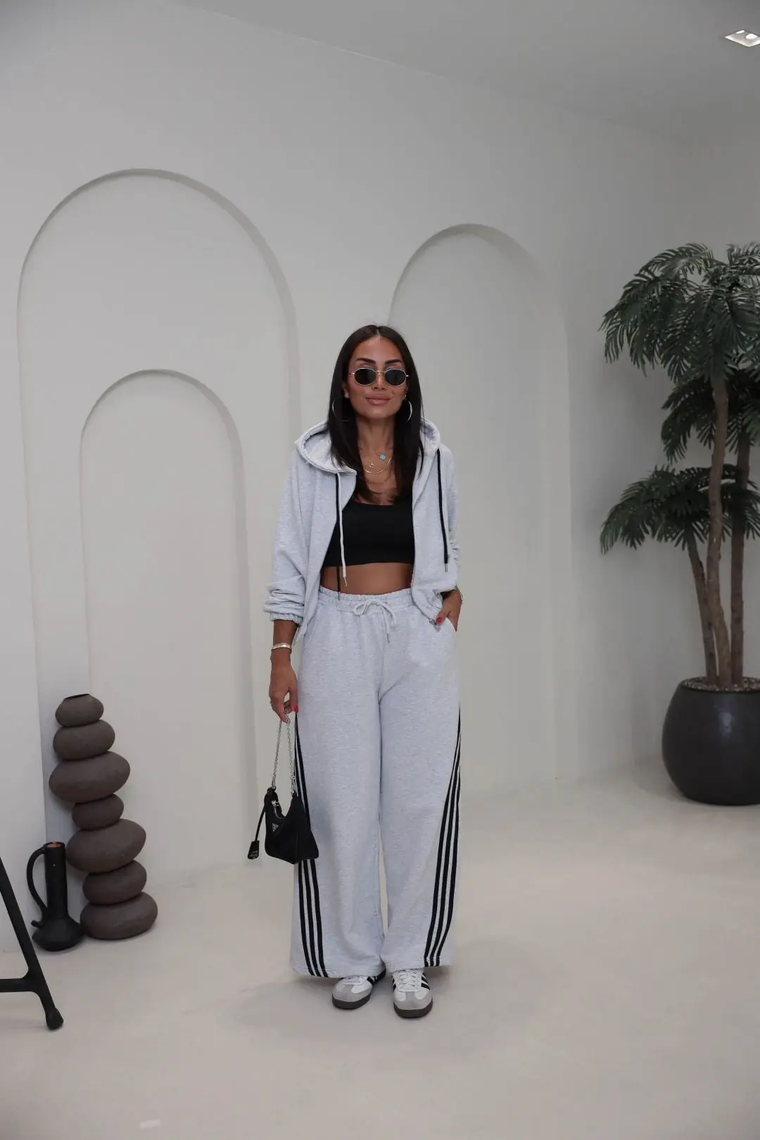 4285 Şerit Detaylı Fermuarlı Sweat Pantolon Takım GRİ MELANJ