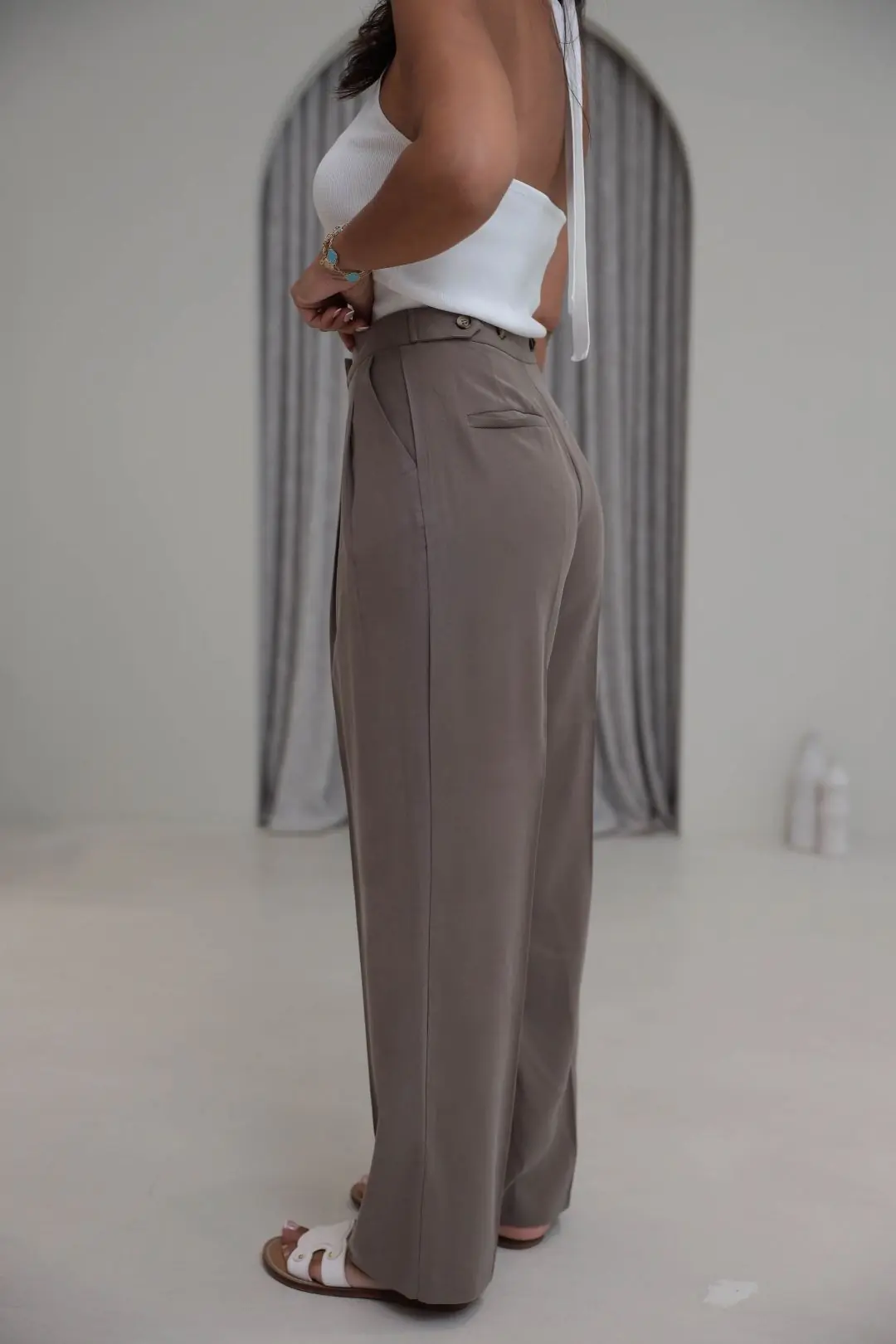 7545 Beli Ayarlanabilir Tencel Pantolon VİZON