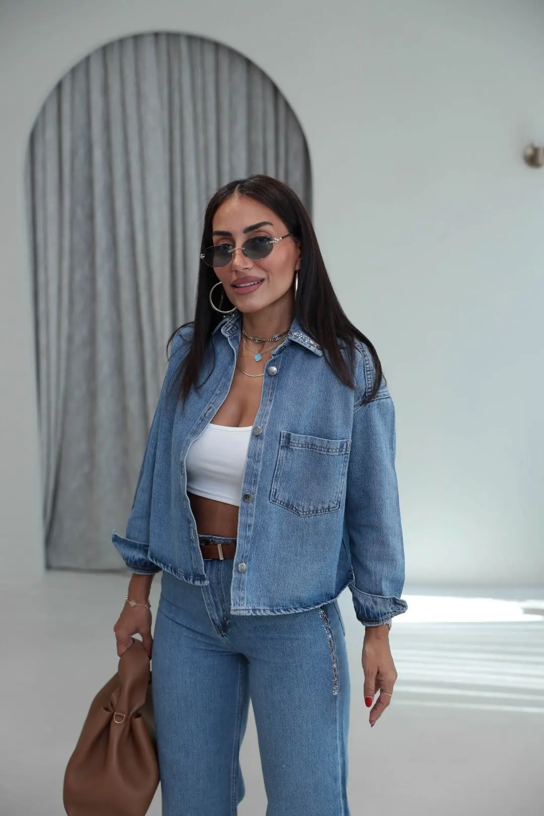 8405 Gömlek ve Pantolonu Taşlı Denim Takım MAVİ