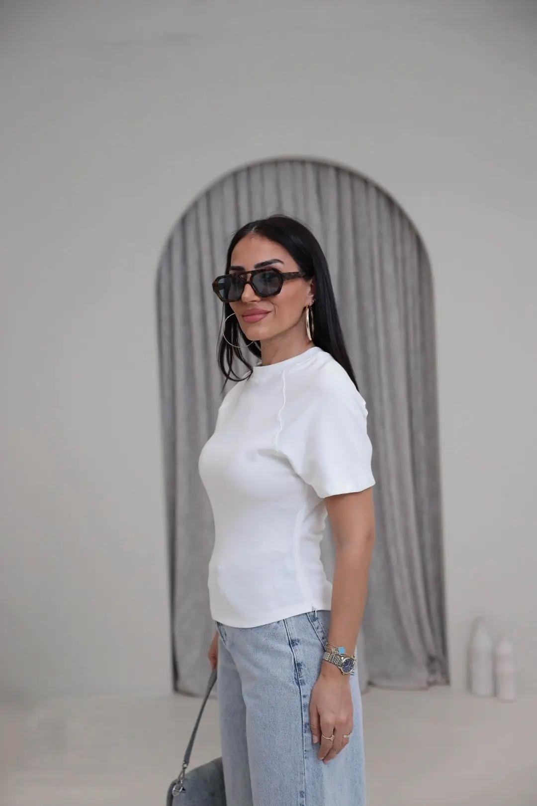2322 Reglan Kol Yandan Fermuarlı Pamuklu Tshirt EKRU
