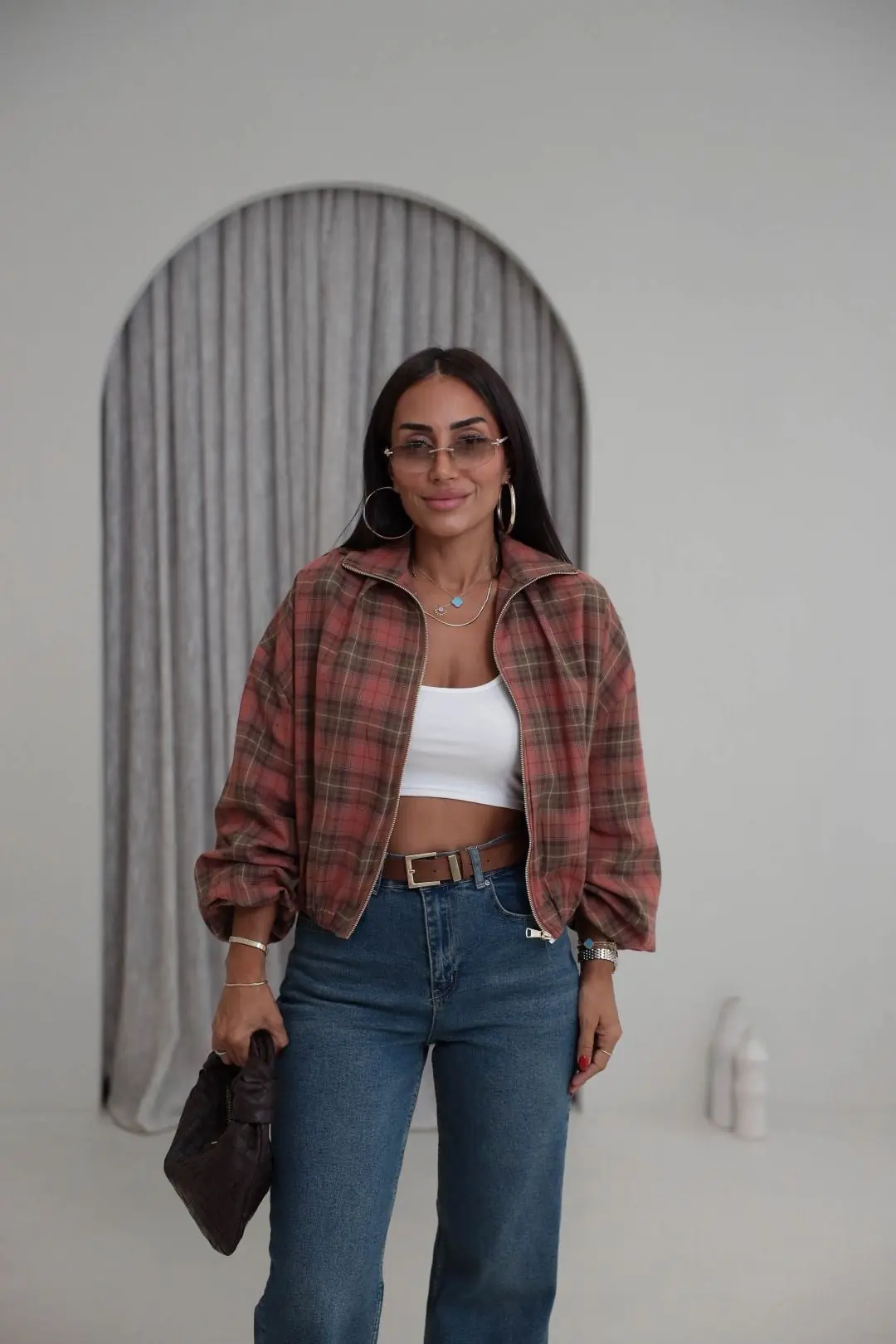 9784 Fermuarlı Ekoseli Bomber Ceket KİREMİT