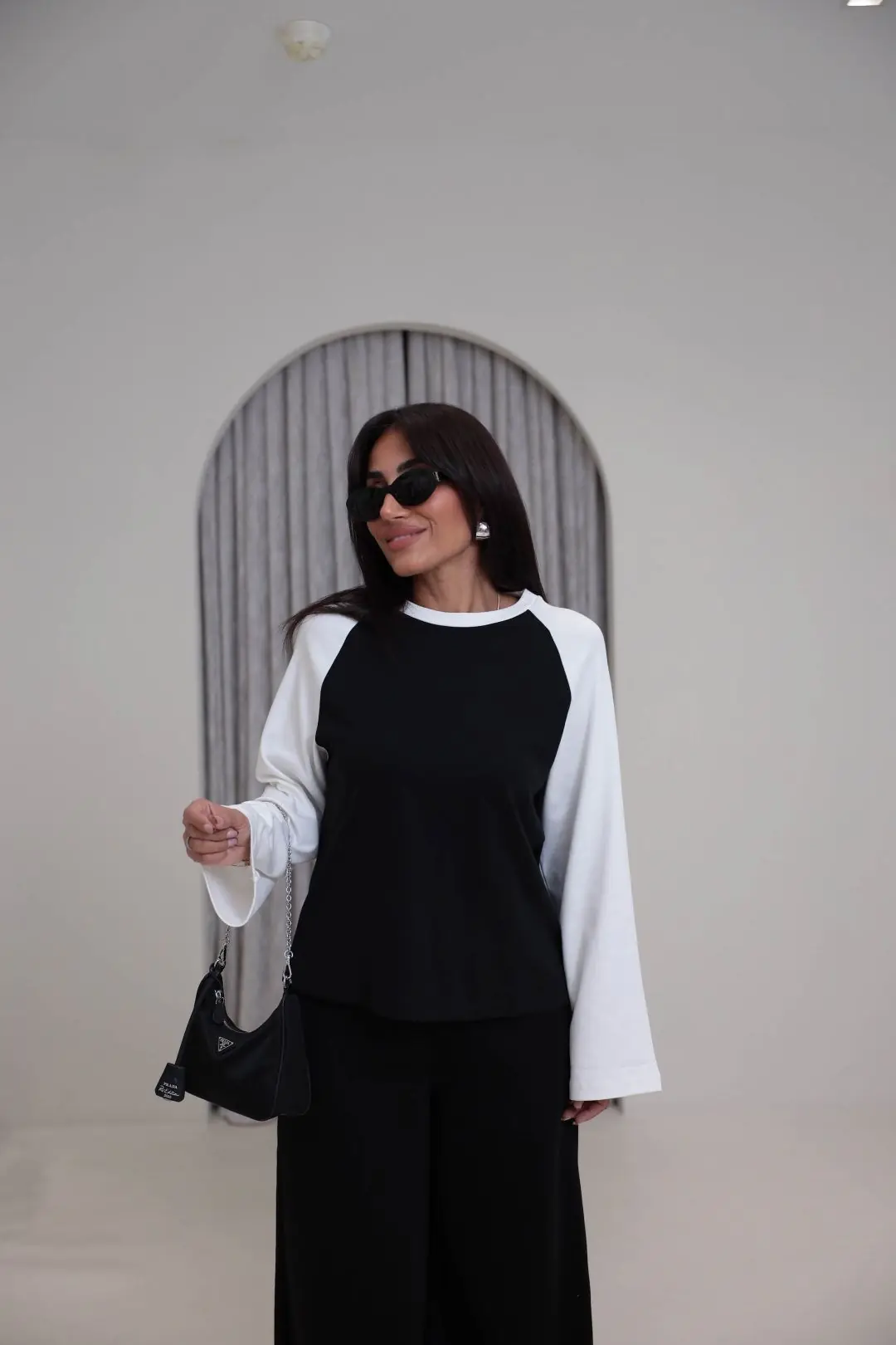 4271 Reglan Kol Kontrastlı Bisiklet yaka Bluz SİYAH - SİYAH