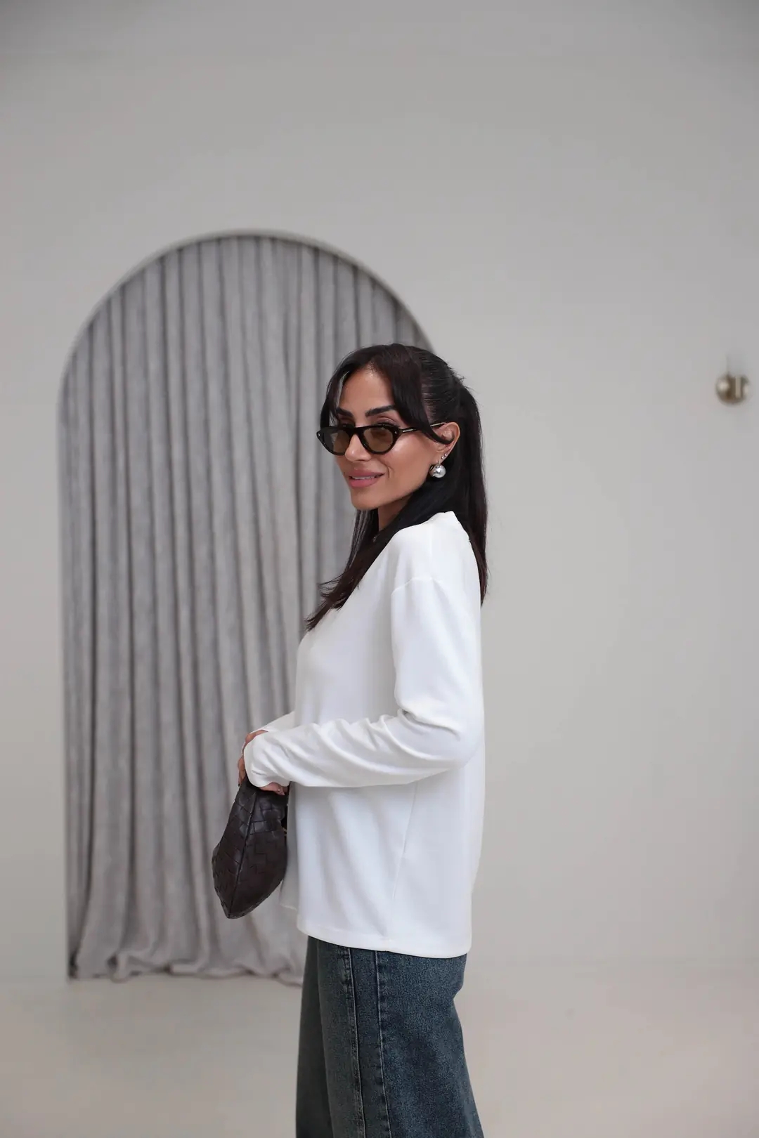 1448 Bisiklet Yaka uzun Kollu Oversize Tshirt BEYAZ