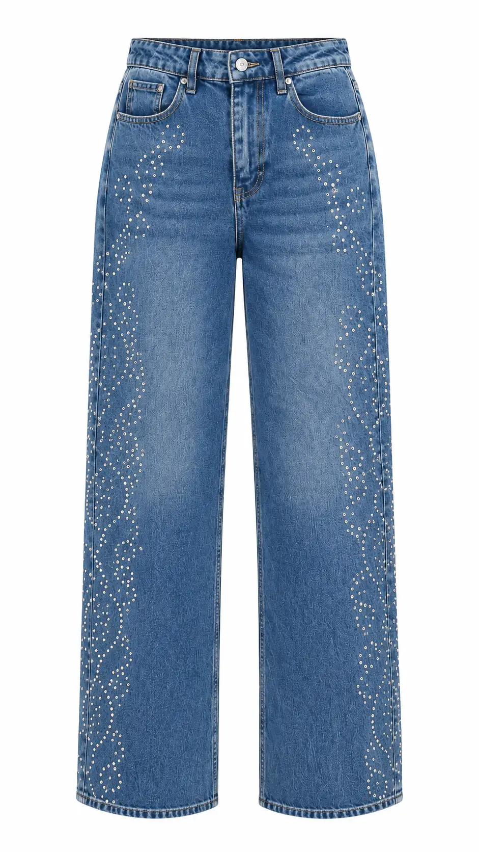1077 Kenar Drop Taşlı Lazer Kesikli Bol Paça Denim Pantolon MAVİ