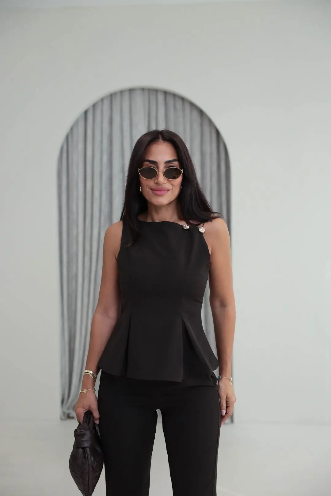 9215 Omuz Düğme Detaylı Bluz & Pantolon Takım KOYU KAHVE