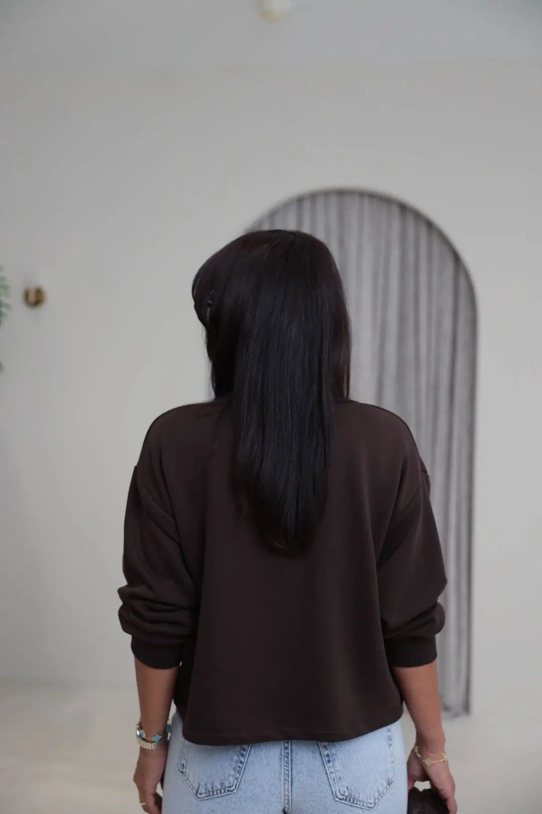 9095 Eteği Taş Süslemeli Pamuklu Sweatshirt KAHVE