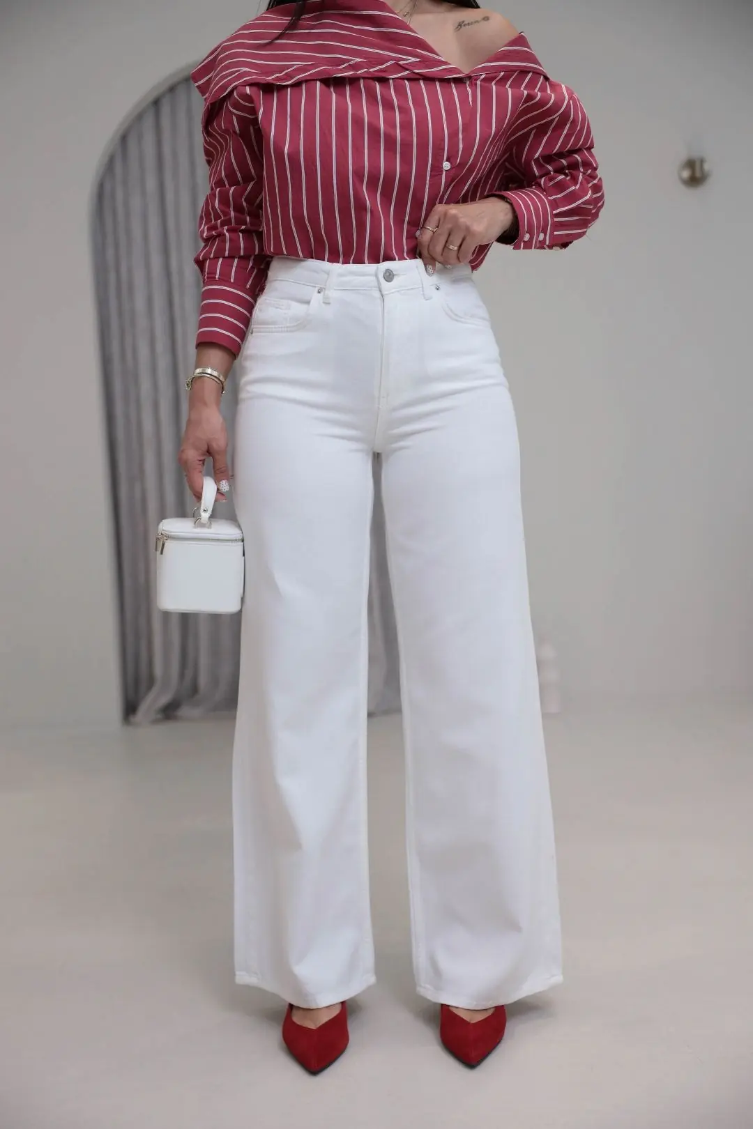 1480 Yüksek Bel Full Soft Doku Jean BEYAZ