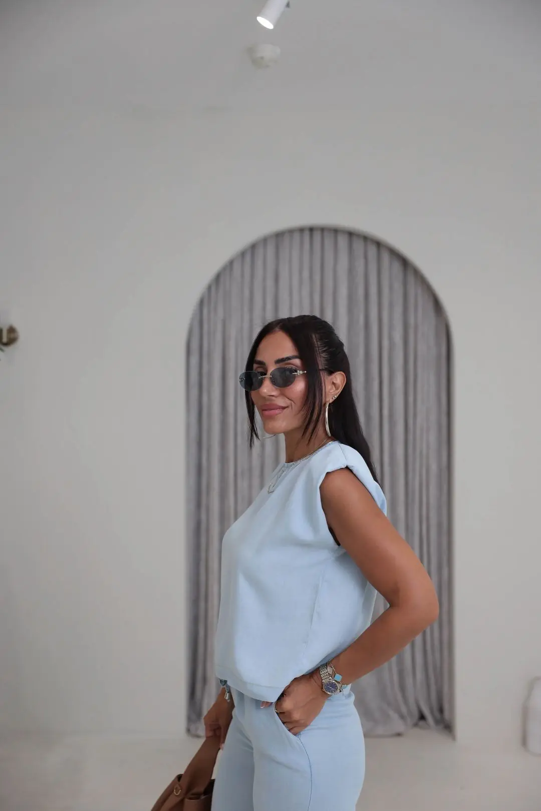 7358 Vatkalı Sıfır Kol Denim Tencel Kumaş Takım BUZ MAVİ