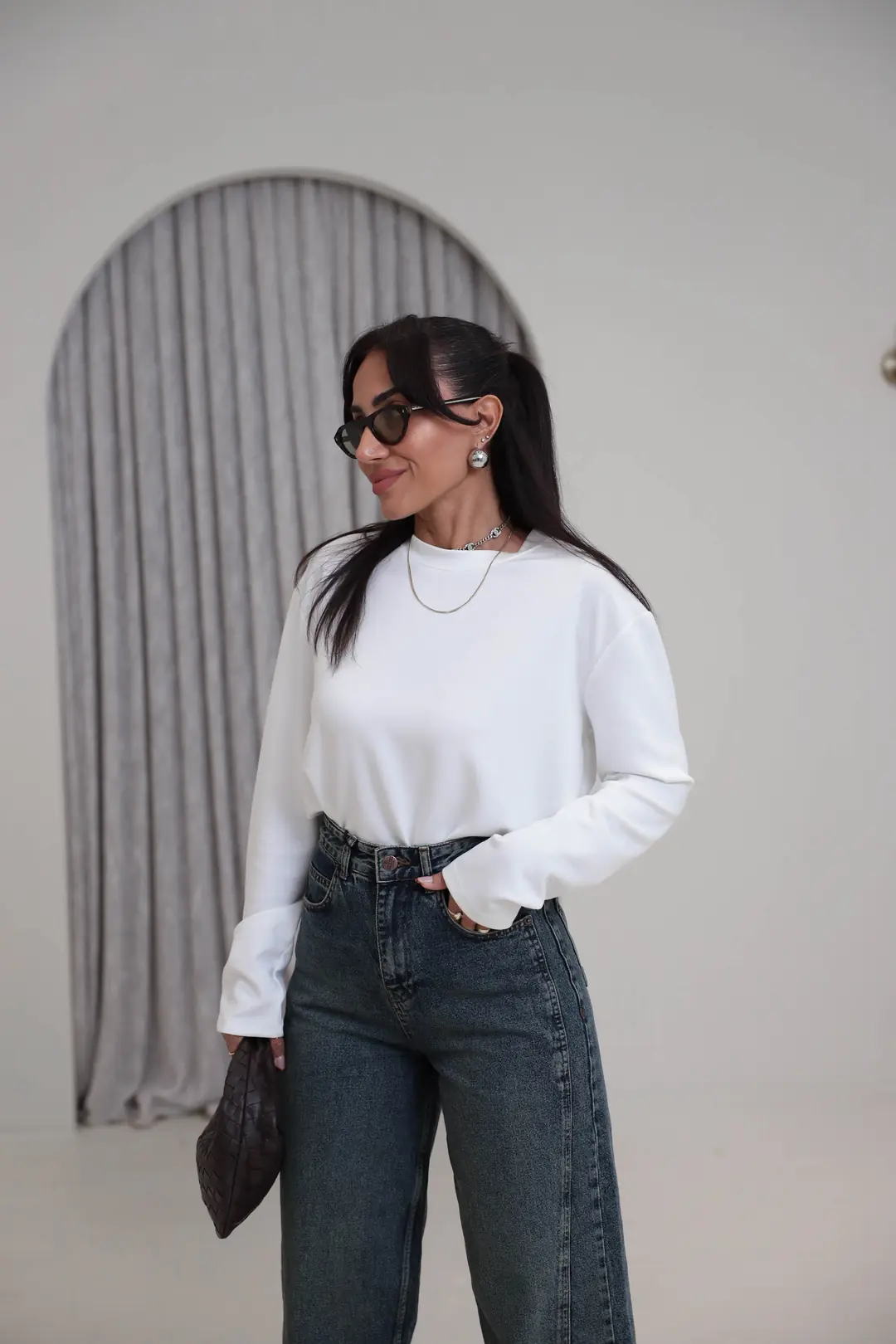1448 Bisiklet Yaka uzun Kollu Oversize Tshirt BEYAZ