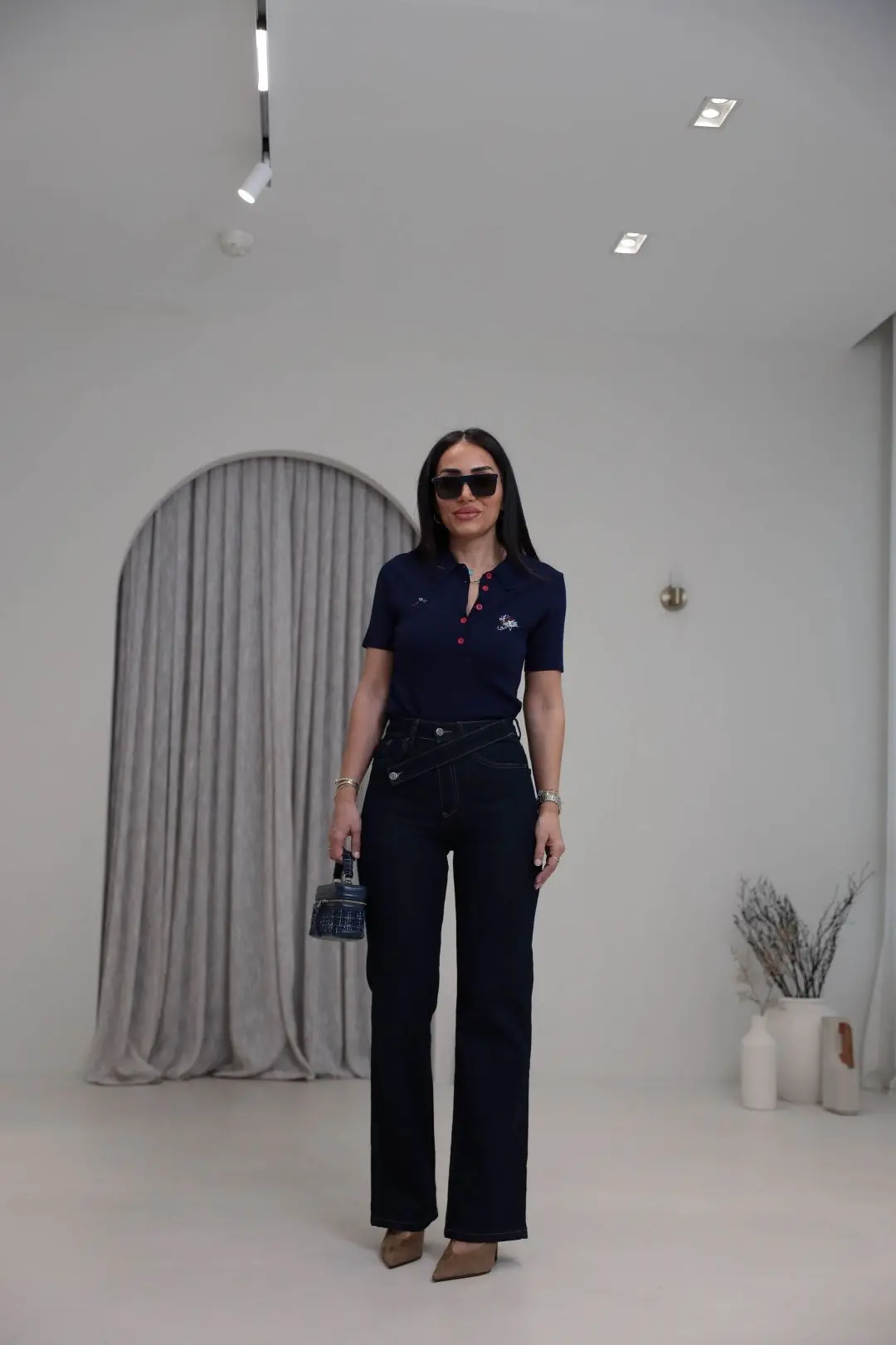 1035 Asimetrik Kemerli Denim Pantolon LACİVERT
